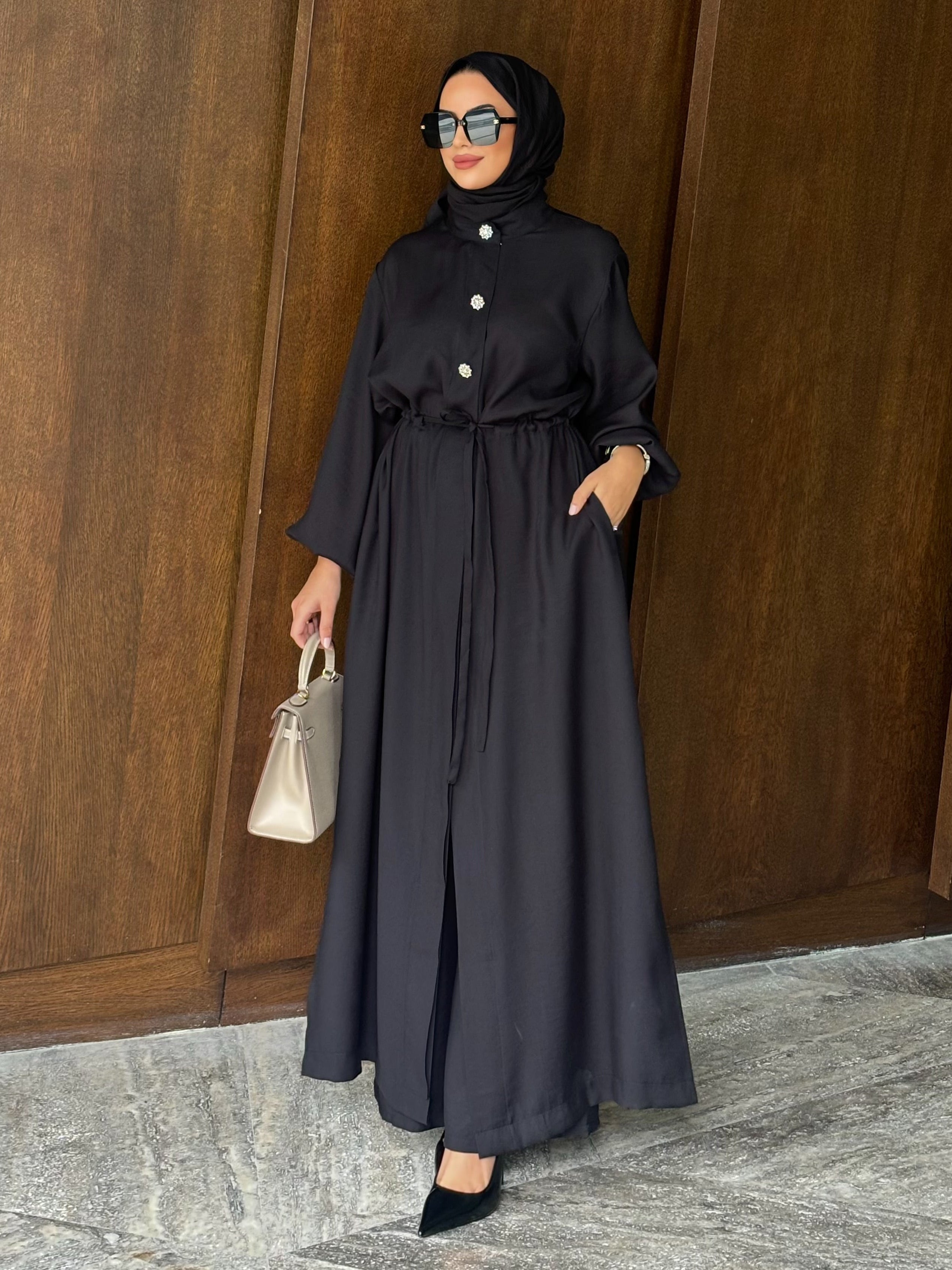 Kristal düğmeli  tunik & pantolon takım siyah