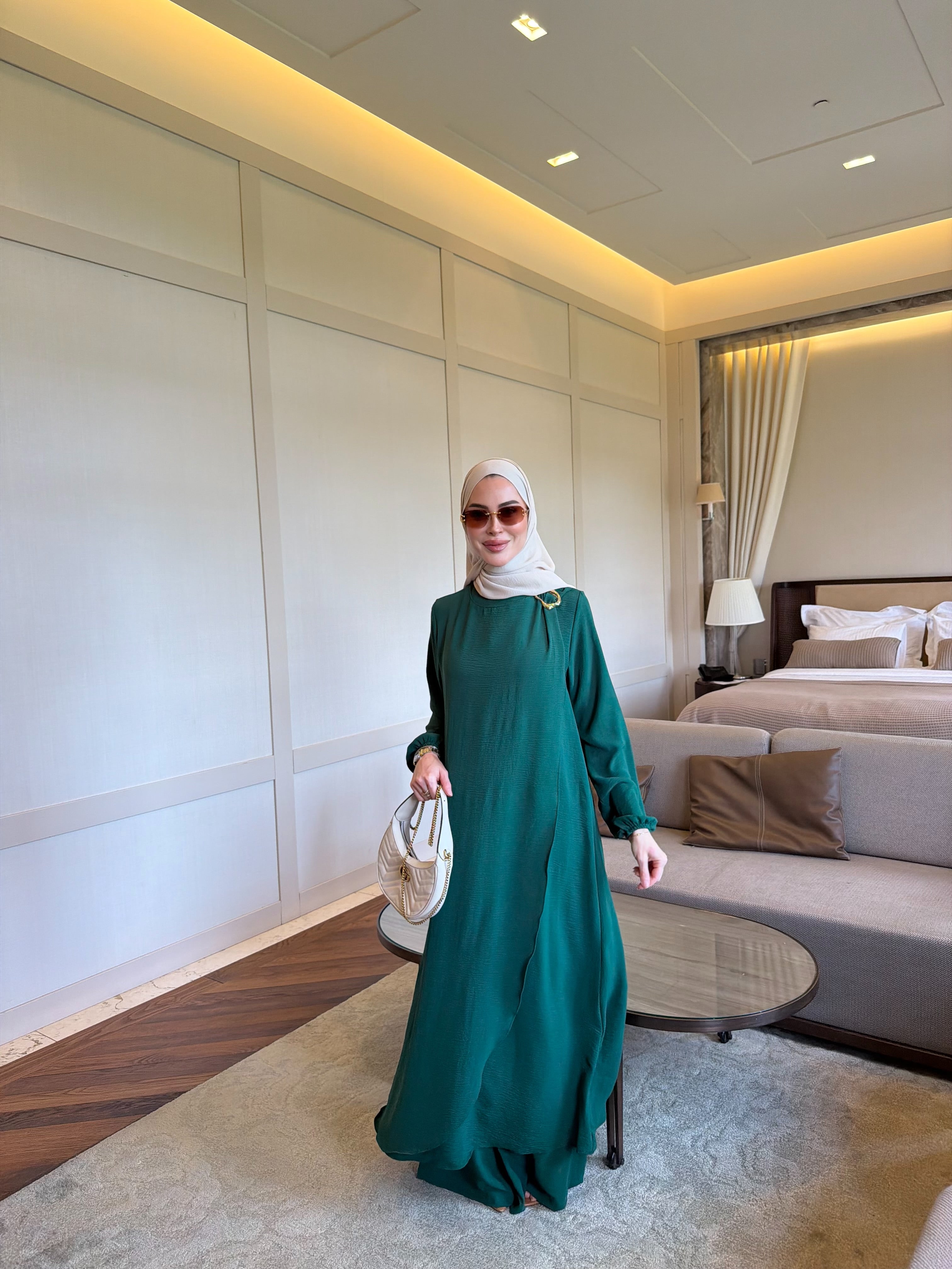 Royal metal broş detaylı tunik & pantolon zümrüt yeşili