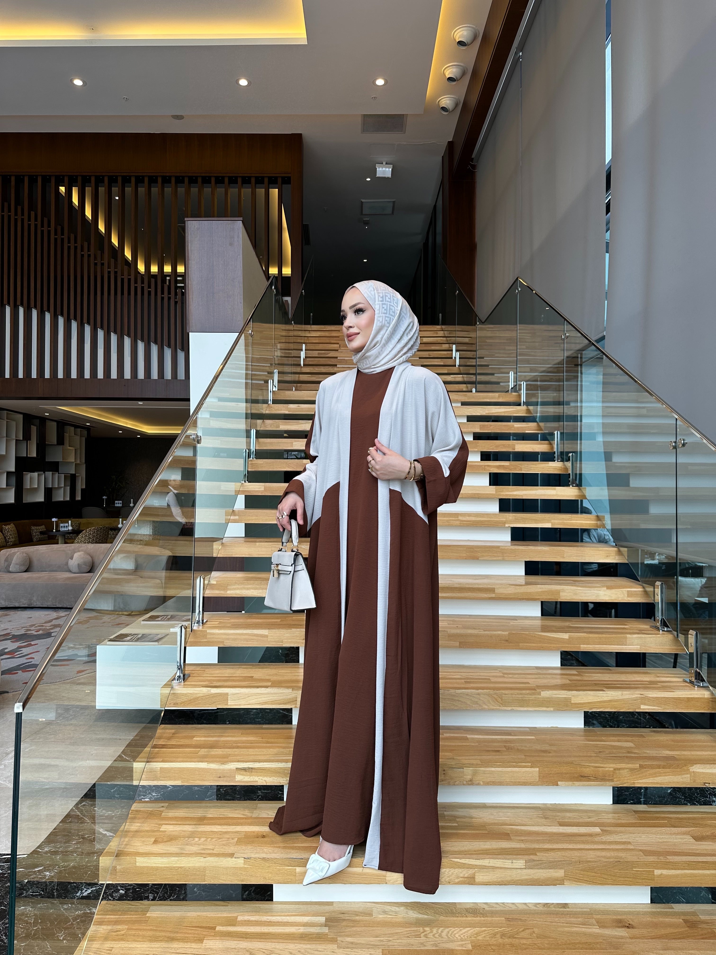 Ahel çift renk abaya & iç elbise takım kahverengi