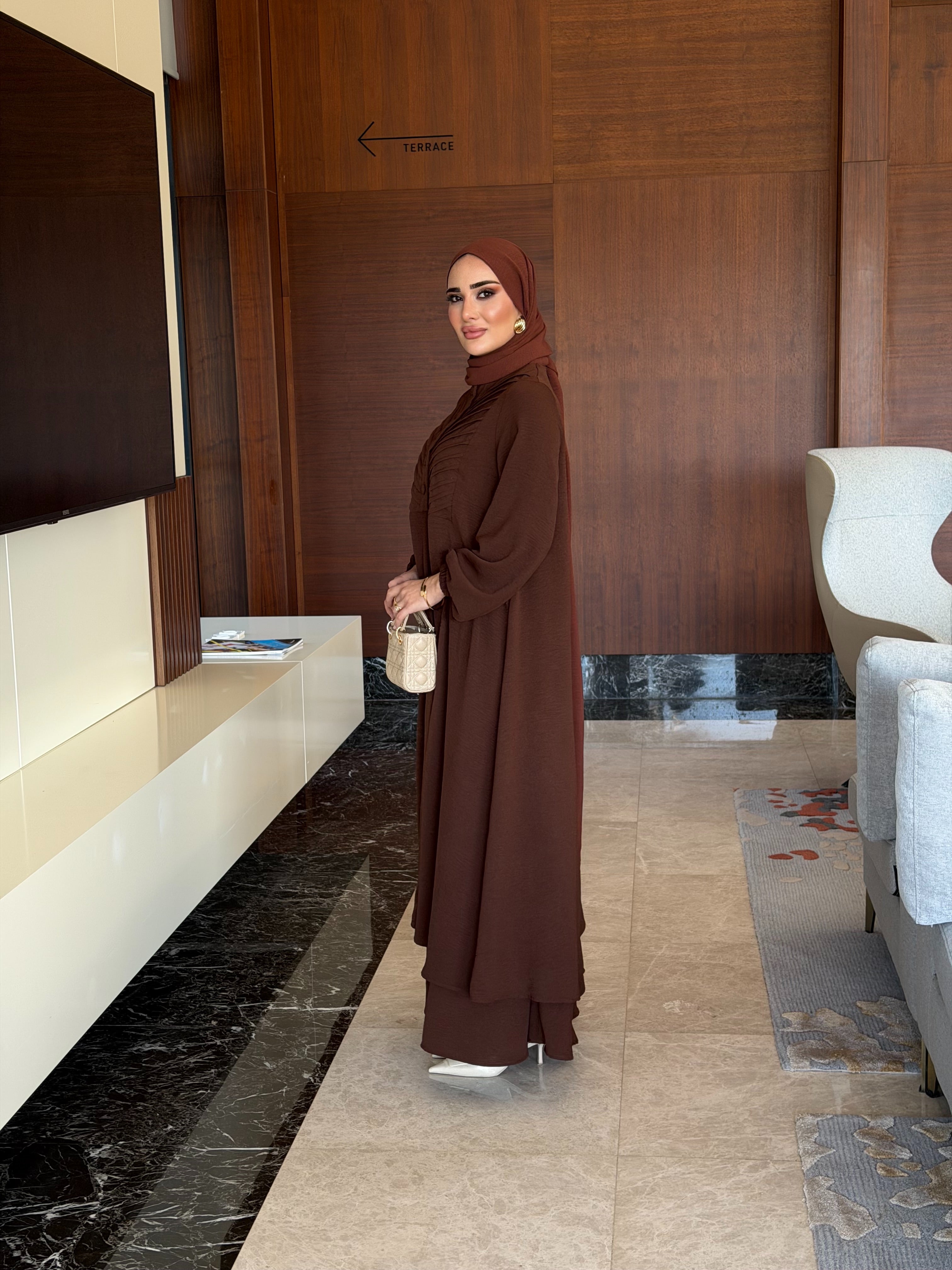 Nazende nervür detaylı tunik & etek kahverengi