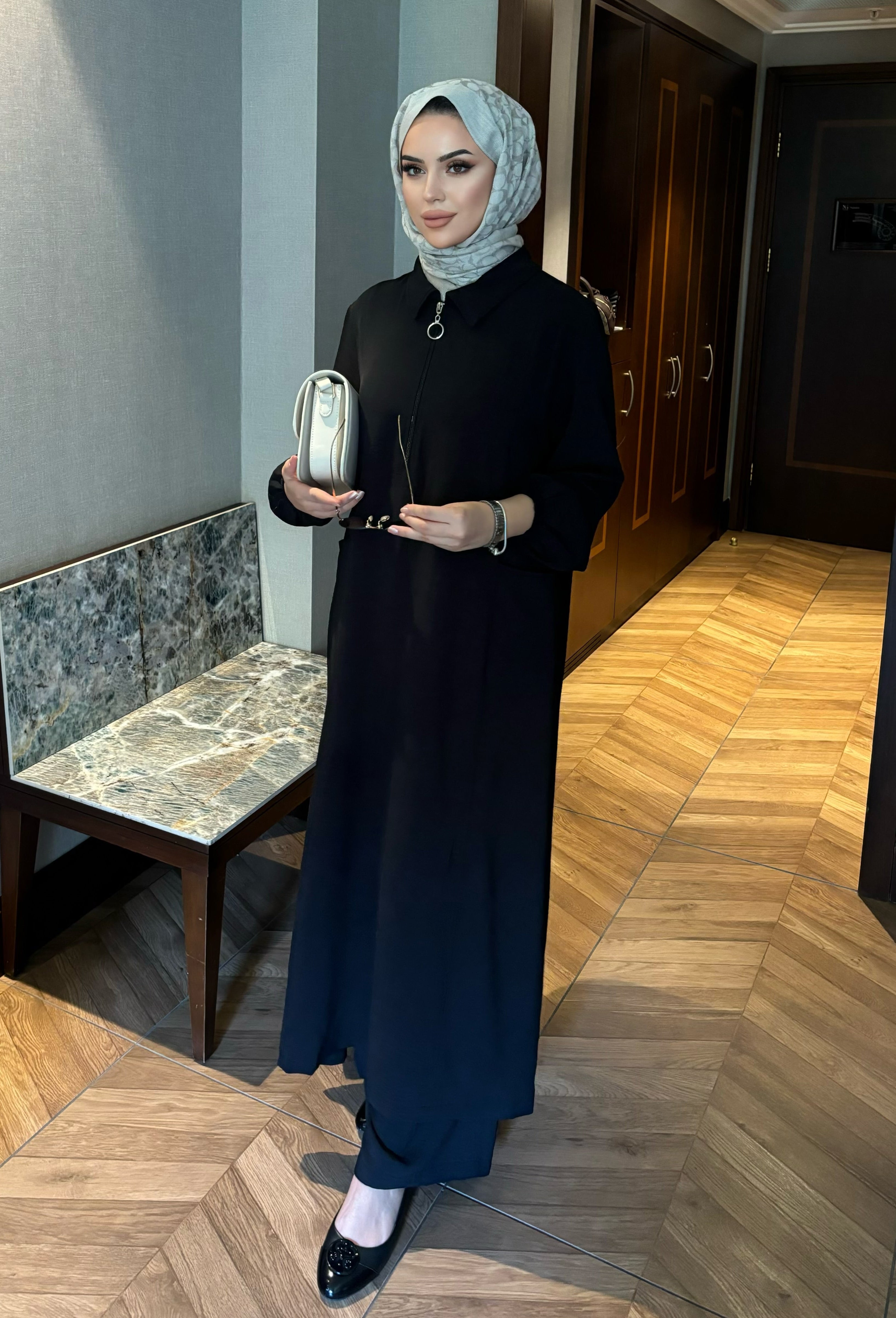 Soft fermuarlı tunik & pantolon takım siyah