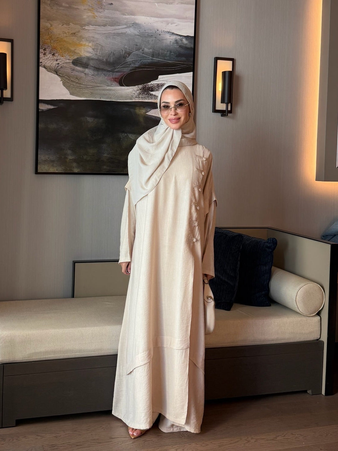 Ahsen abaya & pantolon ikili takım krem