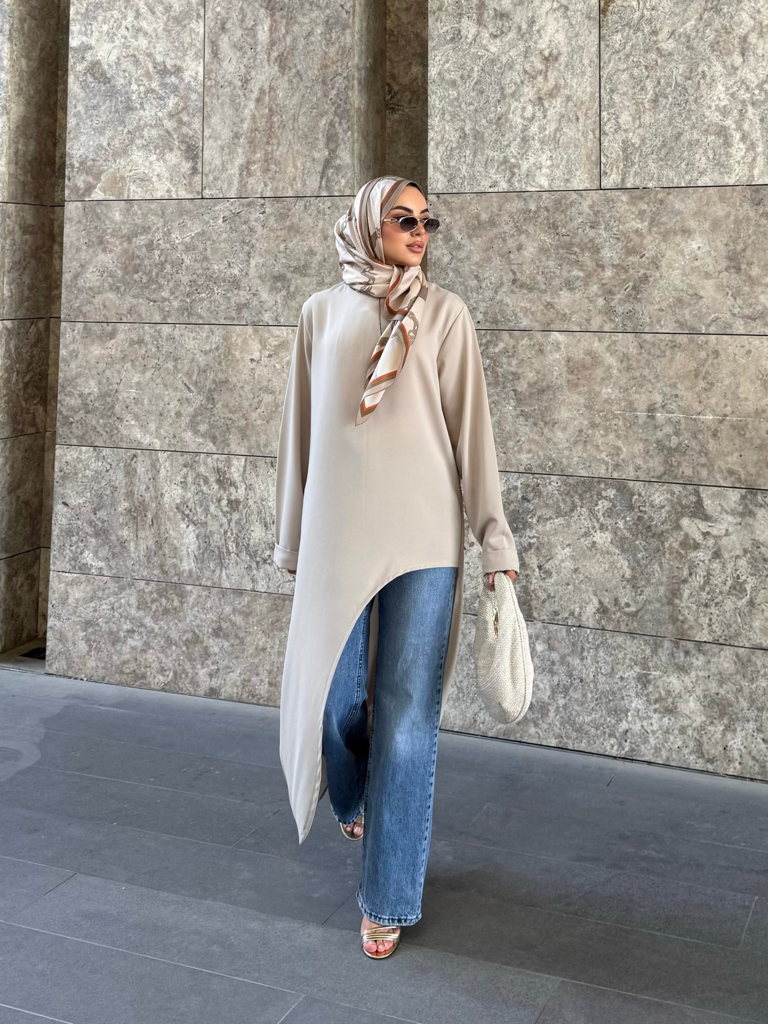 Alina asimetrik kuşaklı tunik Bej