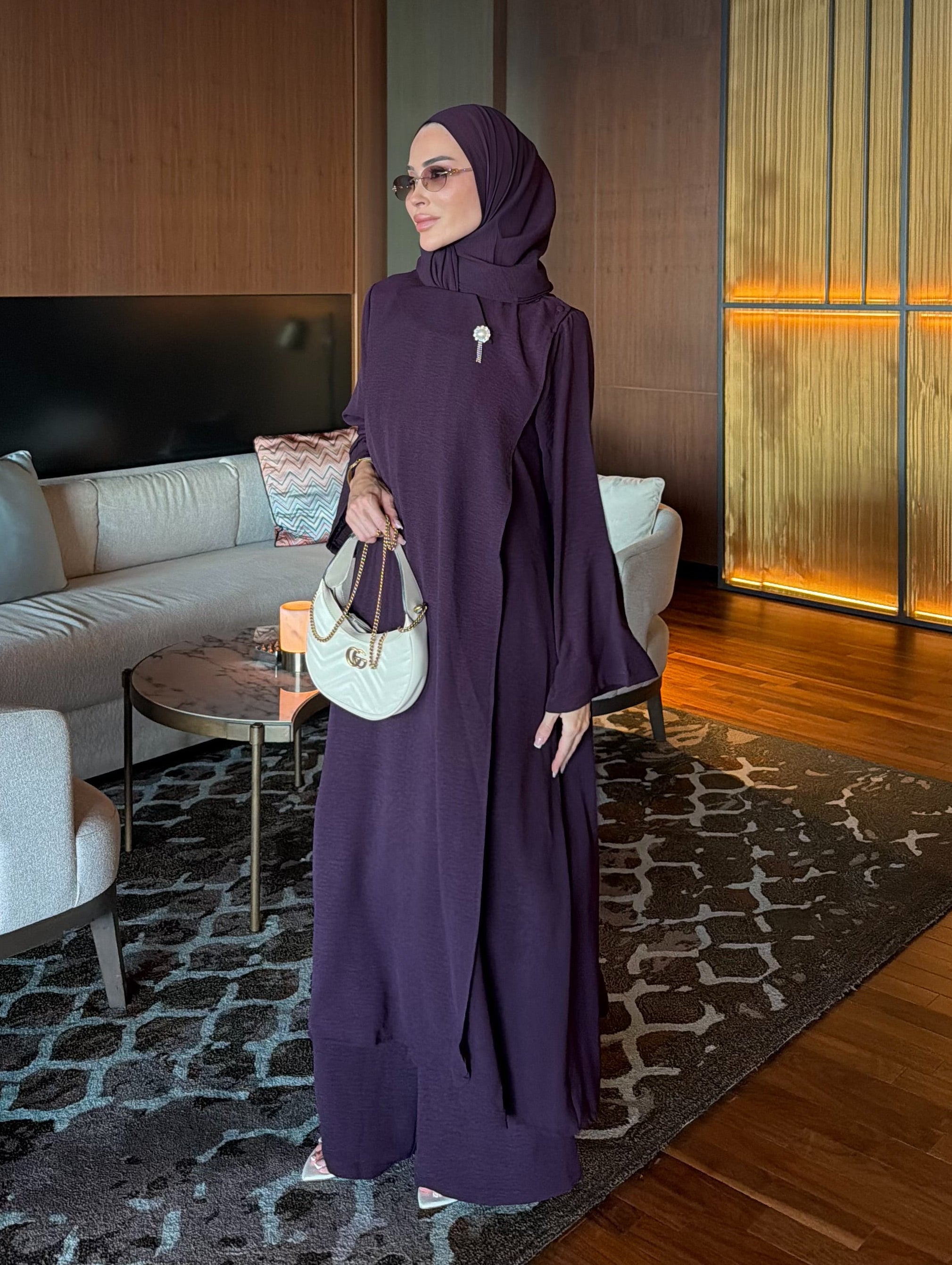 Nida broş detay tunik & pantolon takım mürdüm