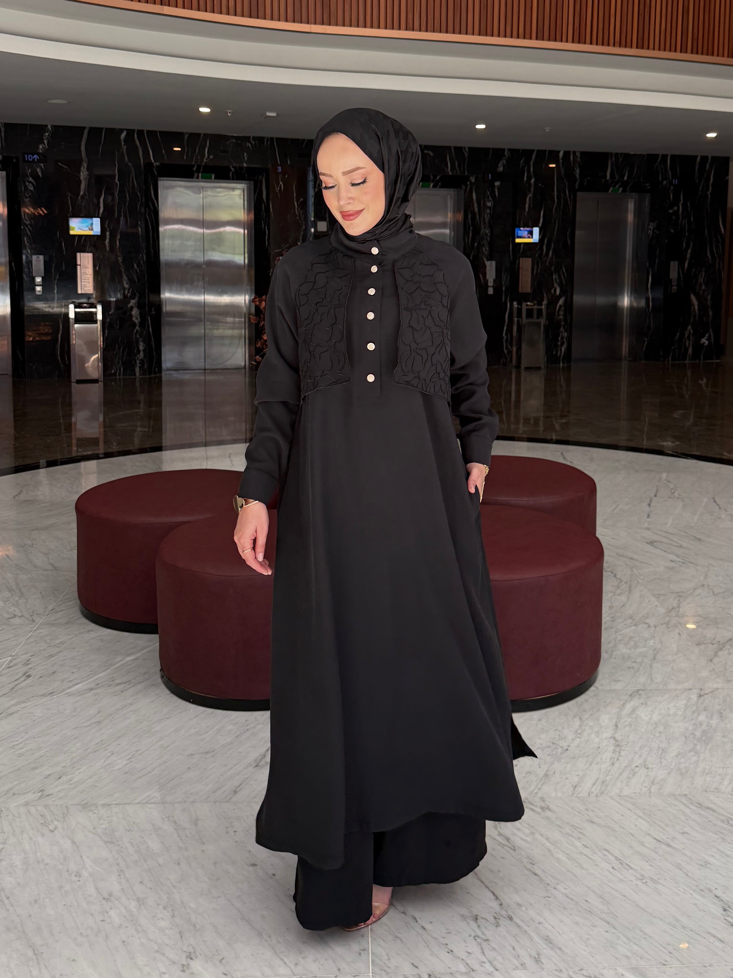 Sahra nakış detaylı tunik & pantolon takım siyah