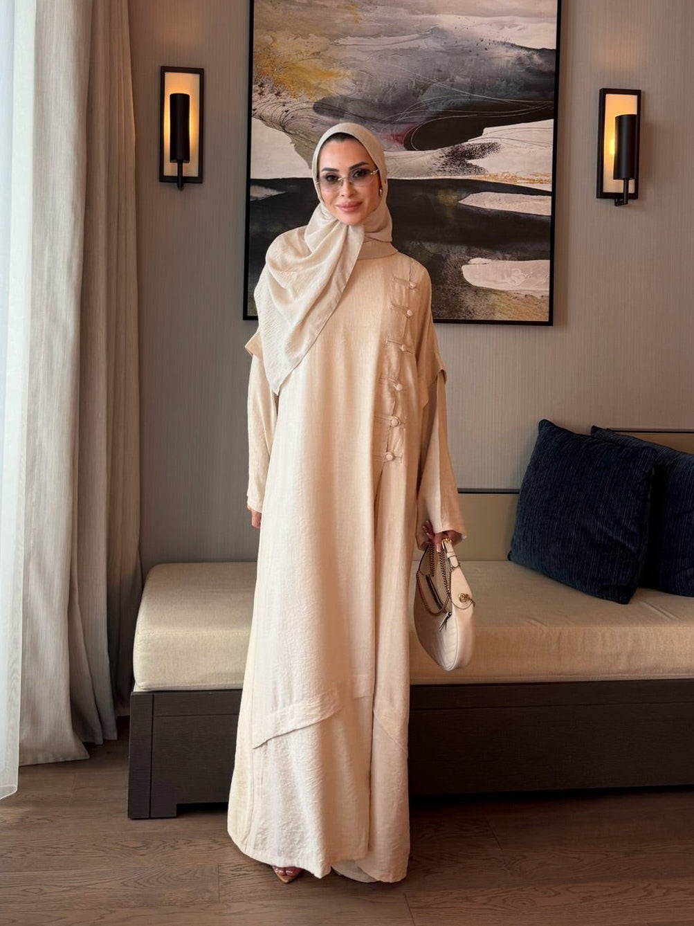 Ahsen abaya & pantolon ikili takım krem