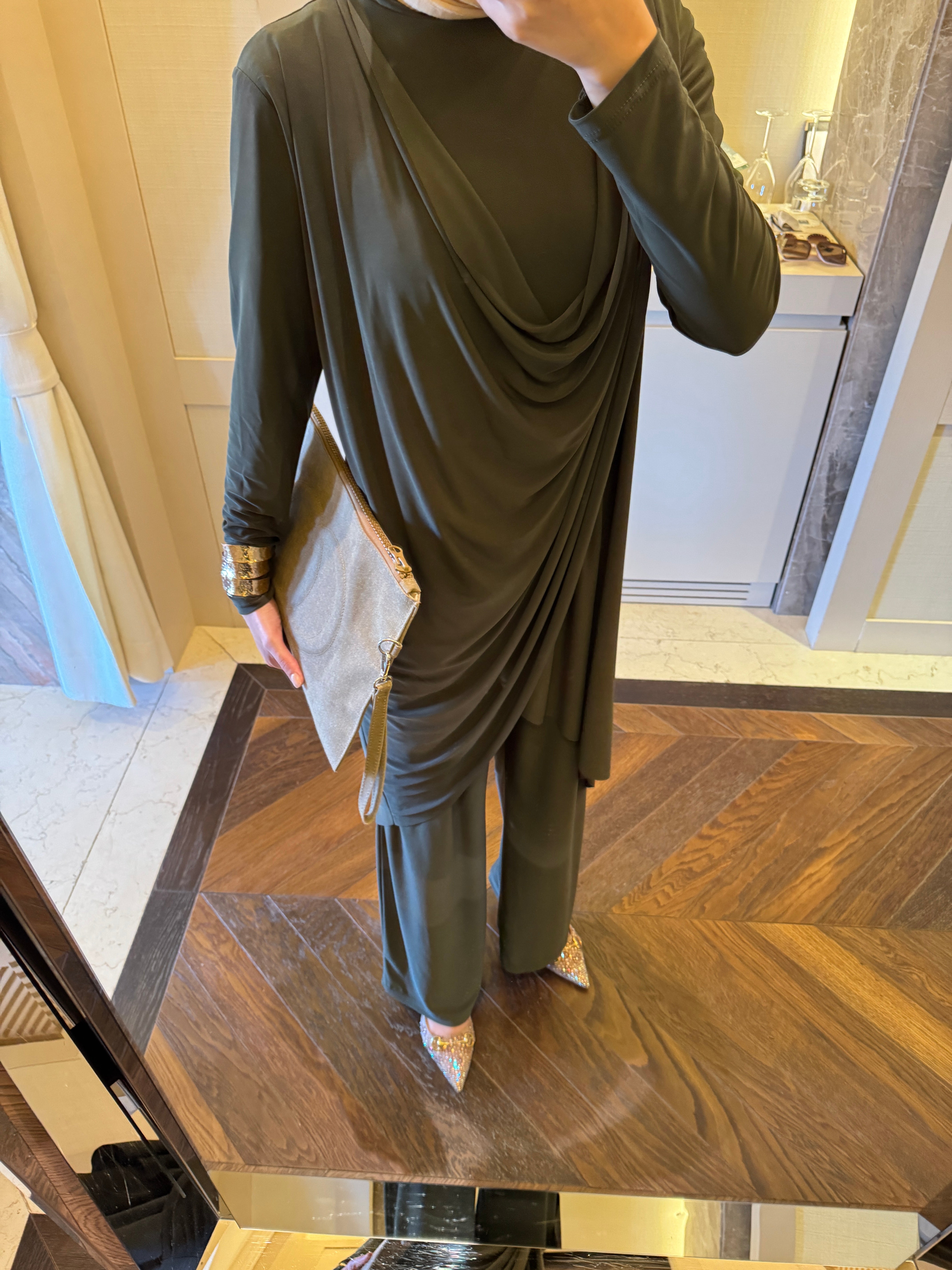Luar drape detay takım haki yeşil
