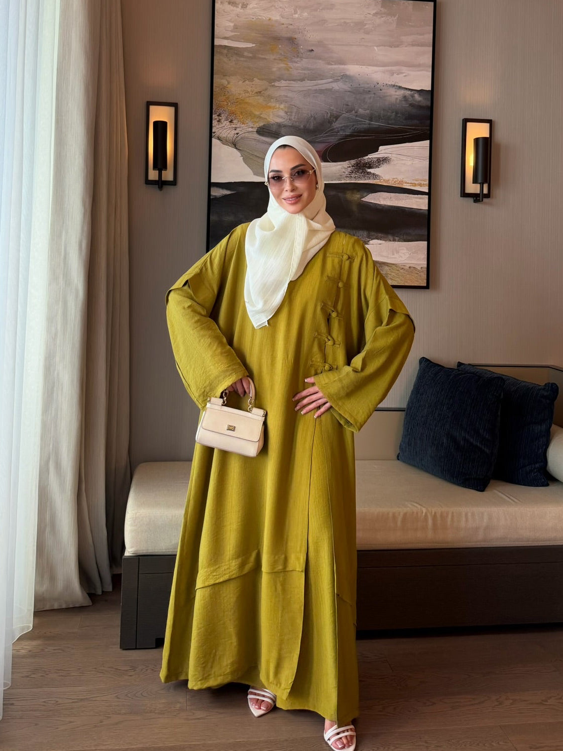 Ahsen abaya & pantolon ikili takım yağ yeşili
