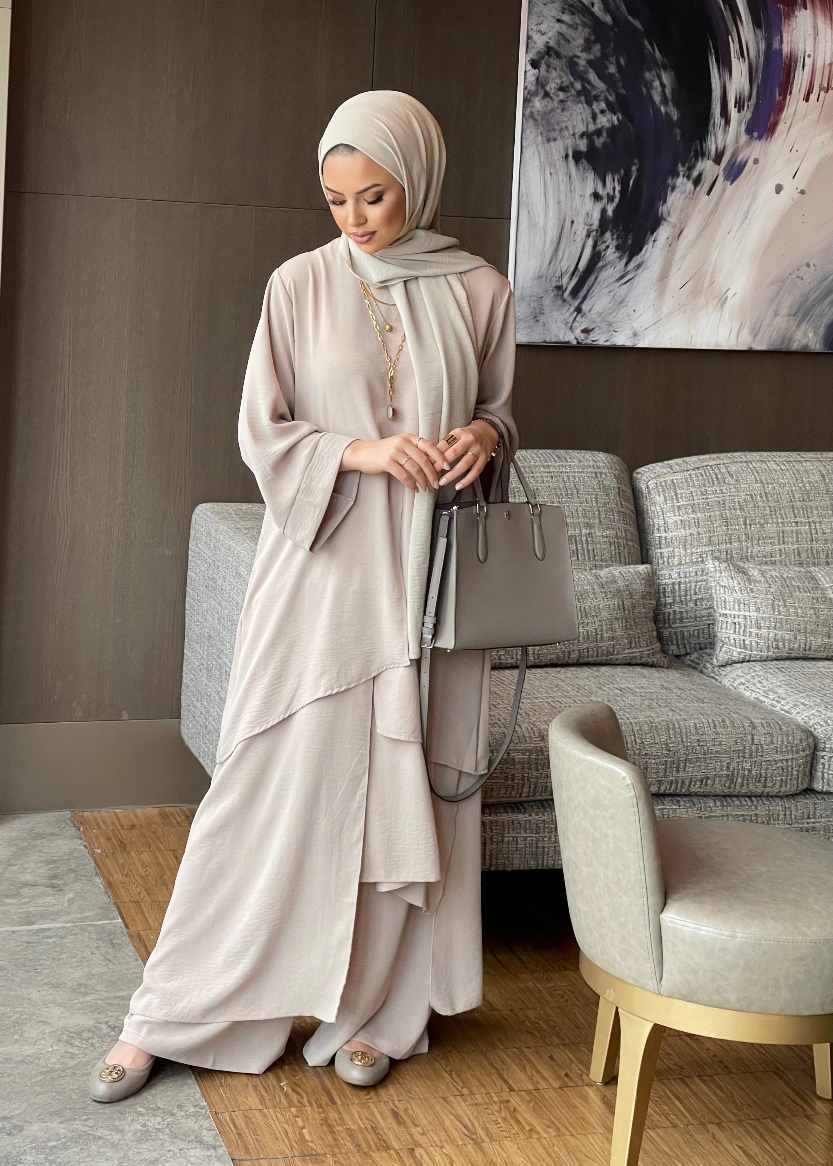 Noora parçalı tunik & pantolon takım taş rengi