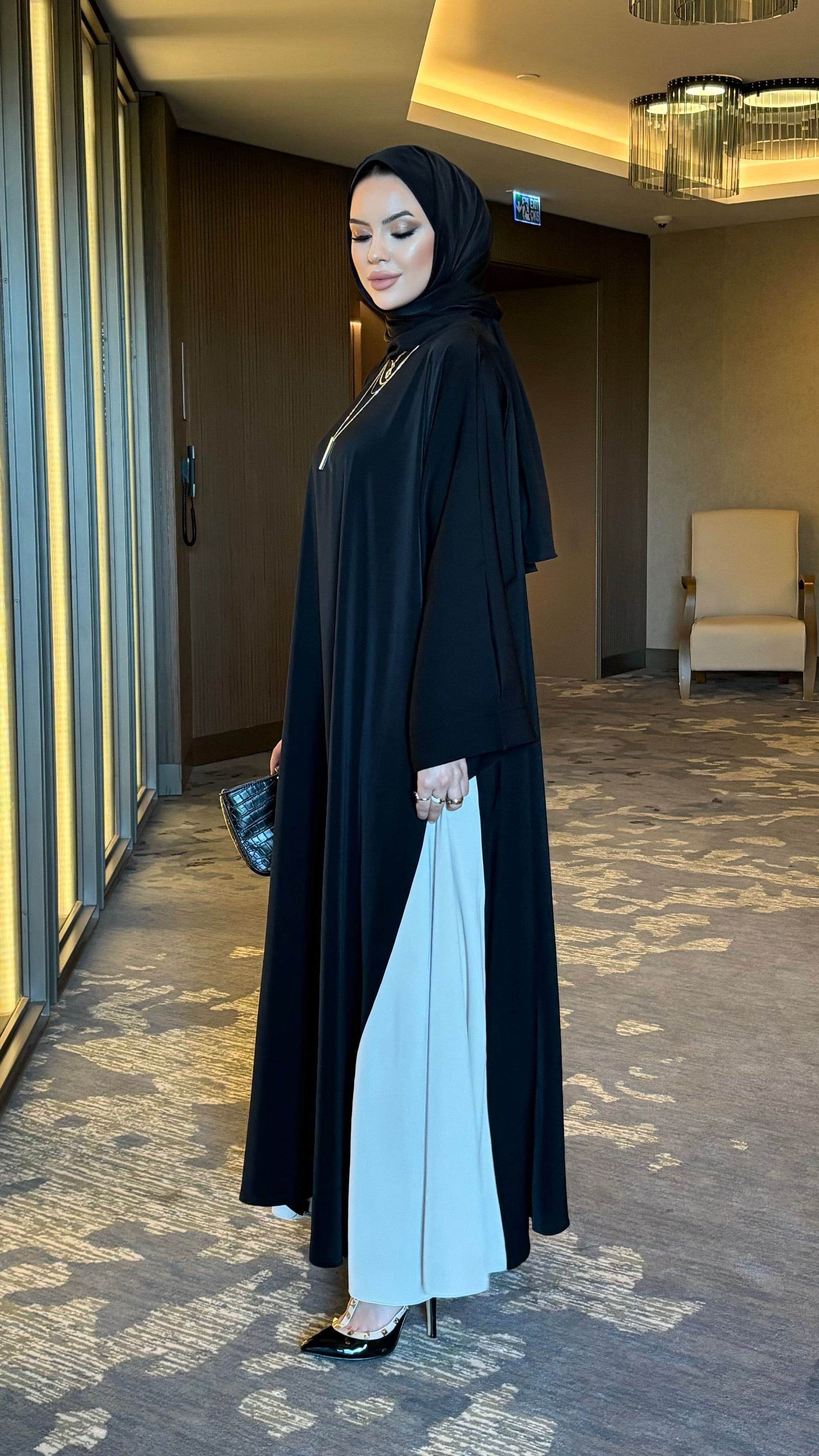 Dubai çift renk abaya & şal takım siyah
