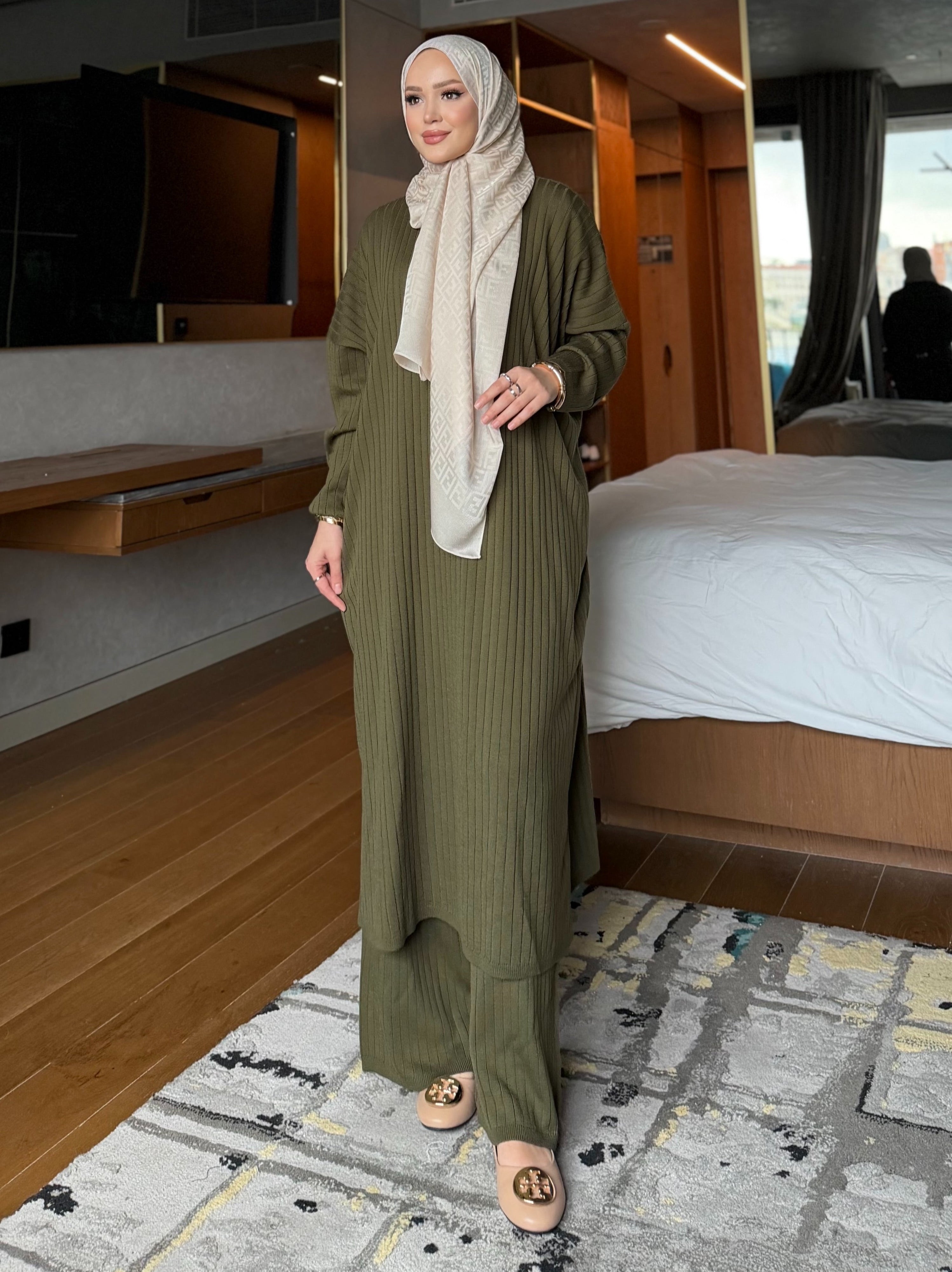 Çizgili triko tunik & pantolon haki yeşil