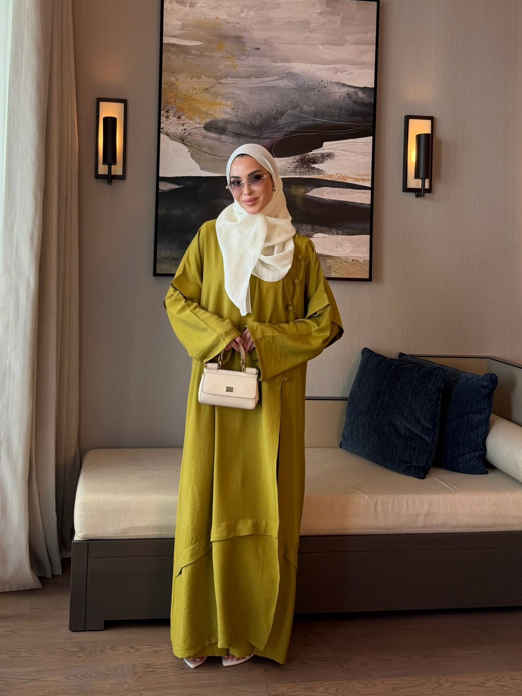 Ahsen abaya & pantolon ikili takım yağ yeşili