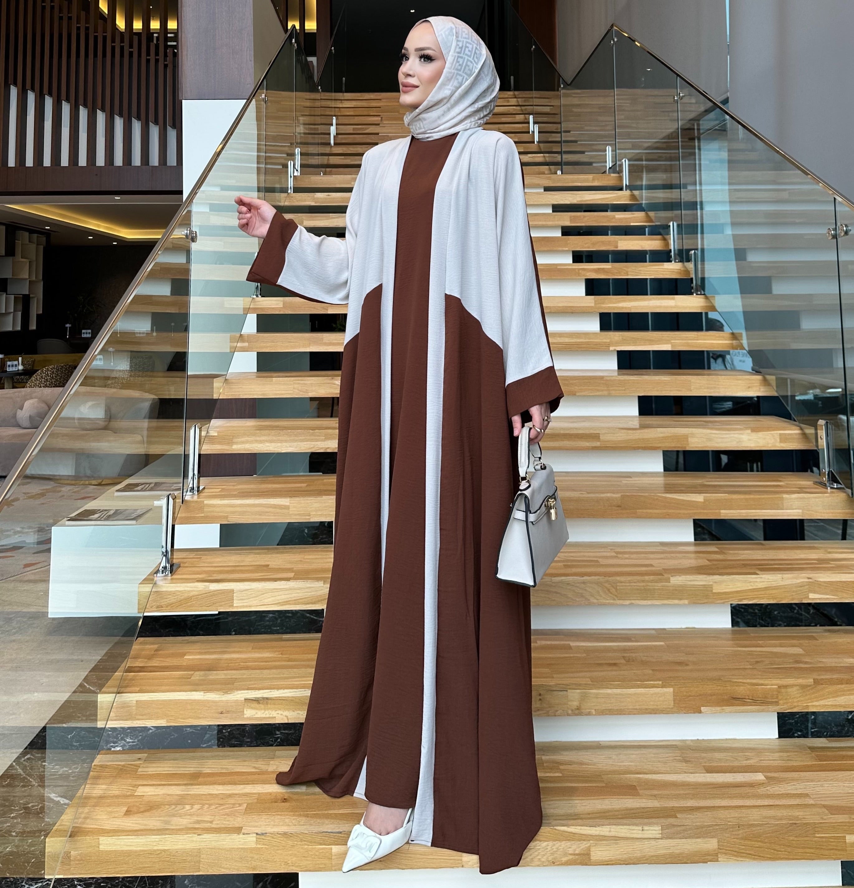 Ahel çift renk abaya & iç elbise takım kahverengi