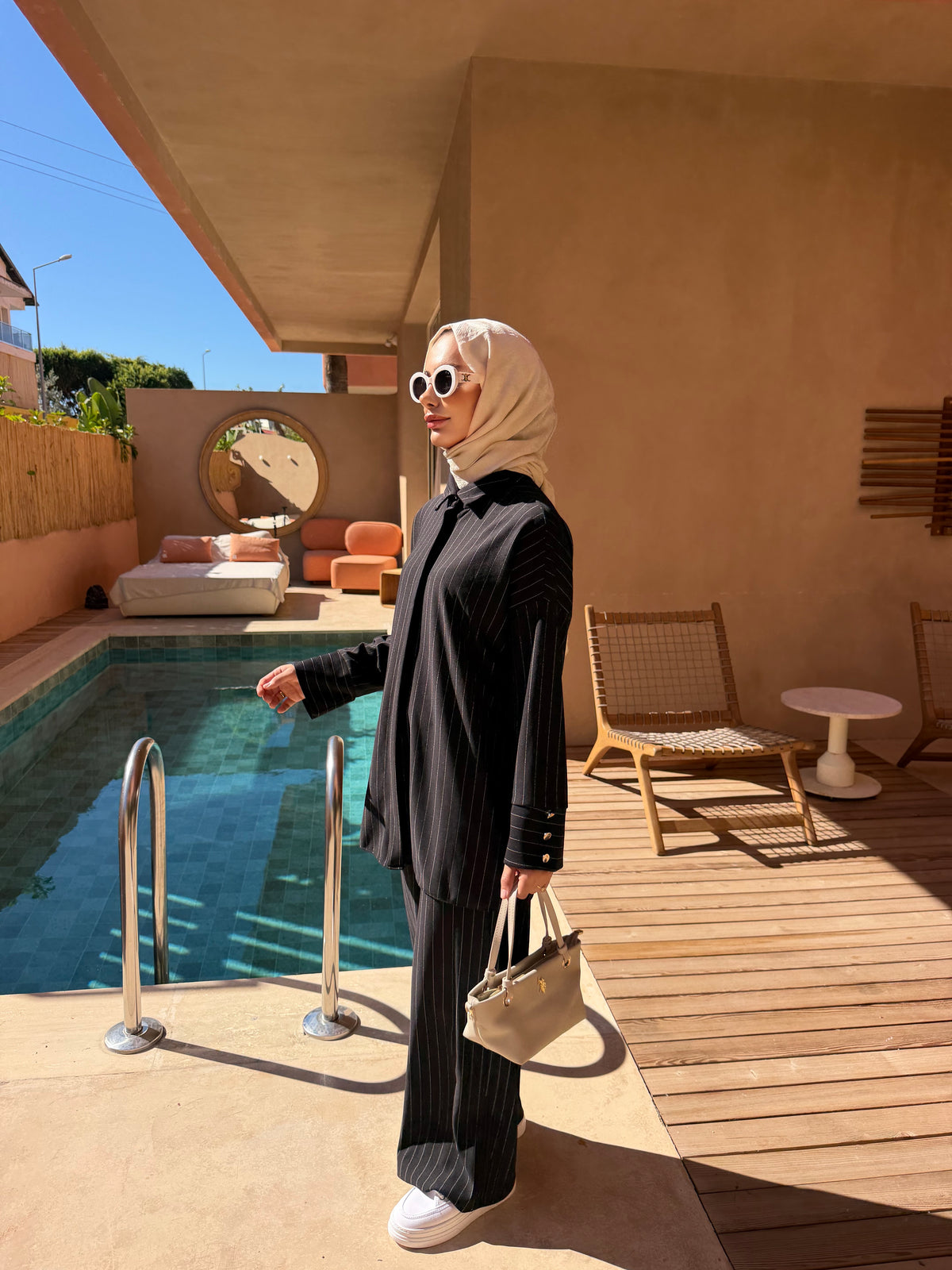 Bella çizgi desen tunik &pantolon takım siyah
