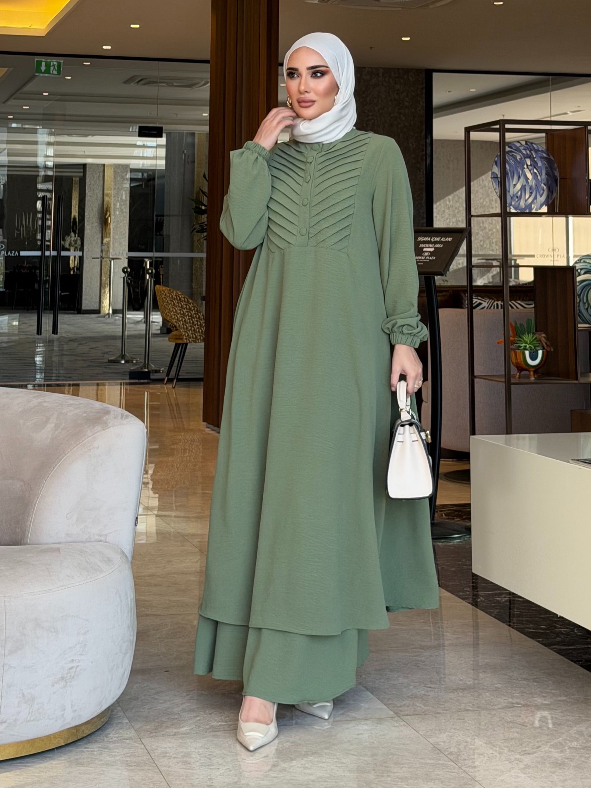 Nazende nervür detaylı tunik & etek mint yeşili
