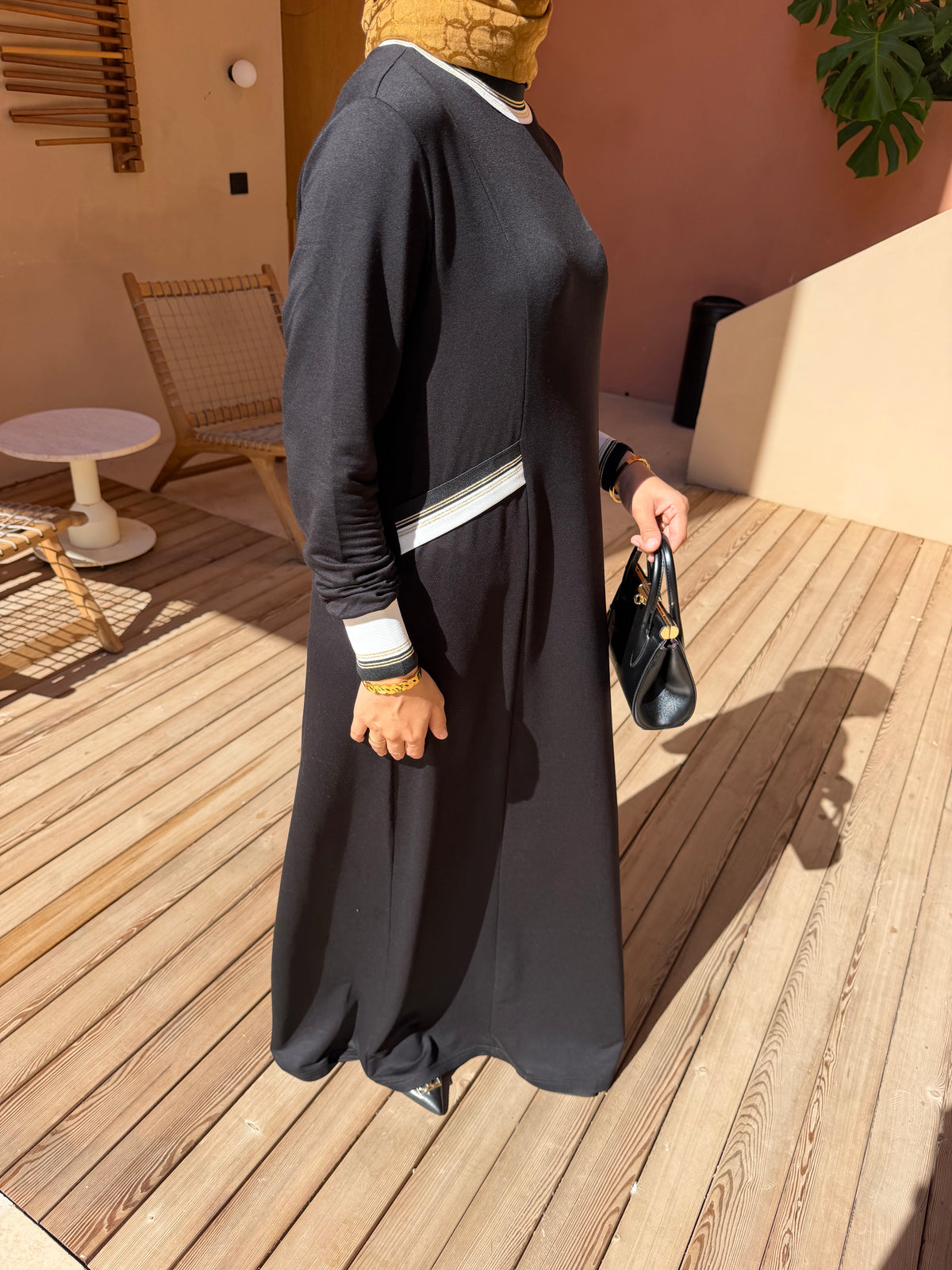 Lina Çizgili Ribana Detaylı siyah Elbise