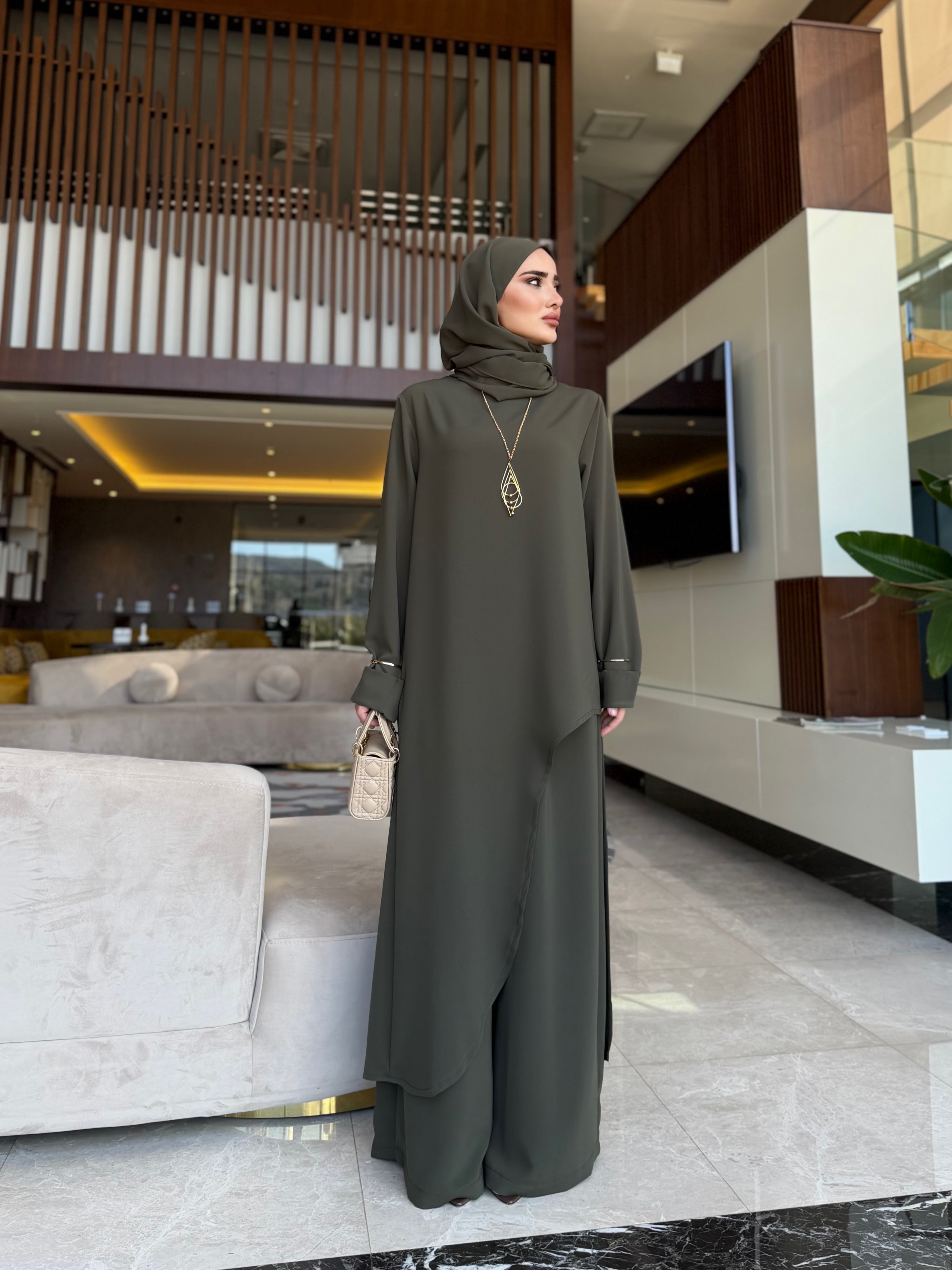 Aura asimetrik kesim tunik & pantolon haki yeşil