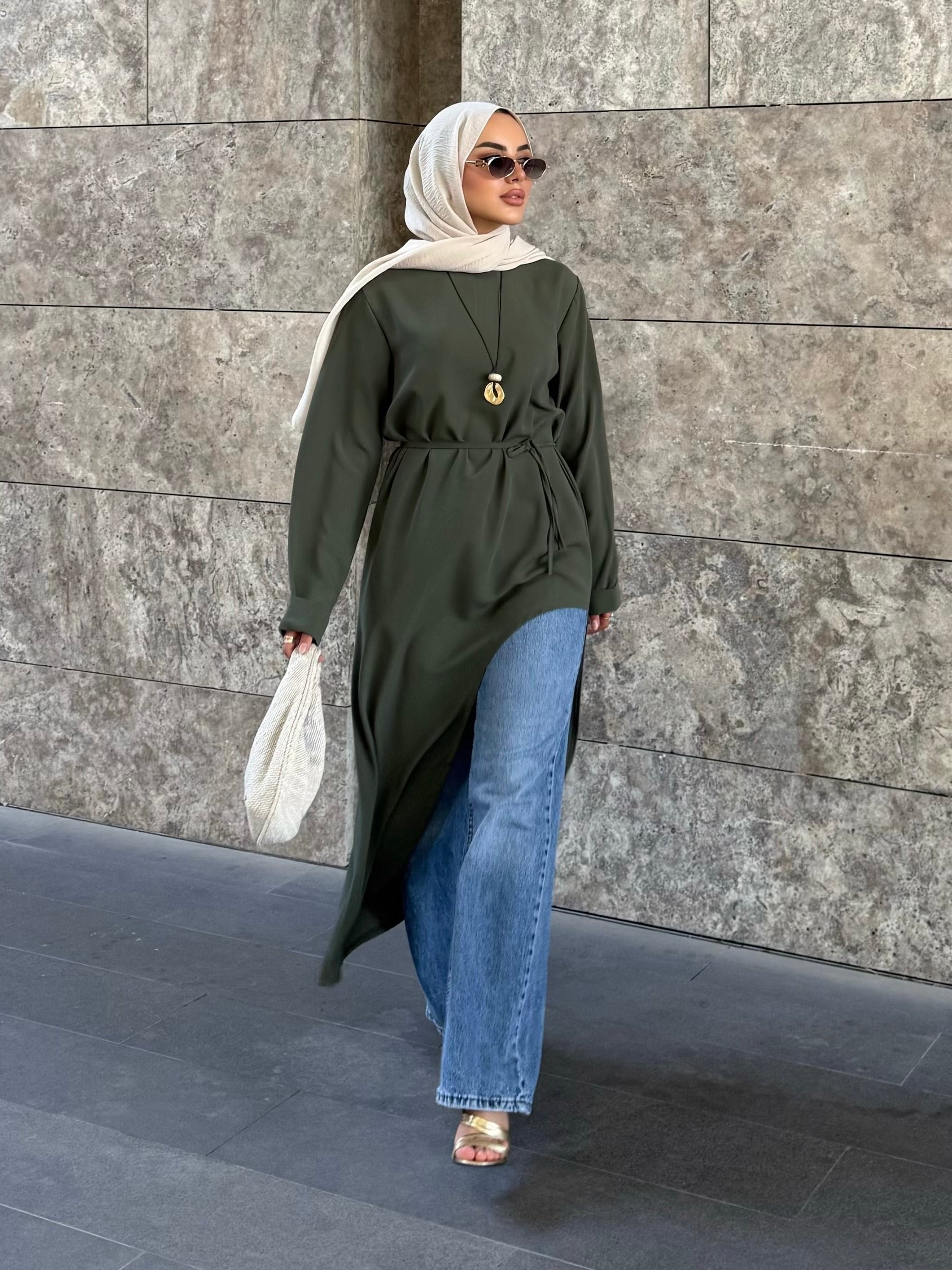 Alina asimetrik kuşaklı tunik haki yeşil