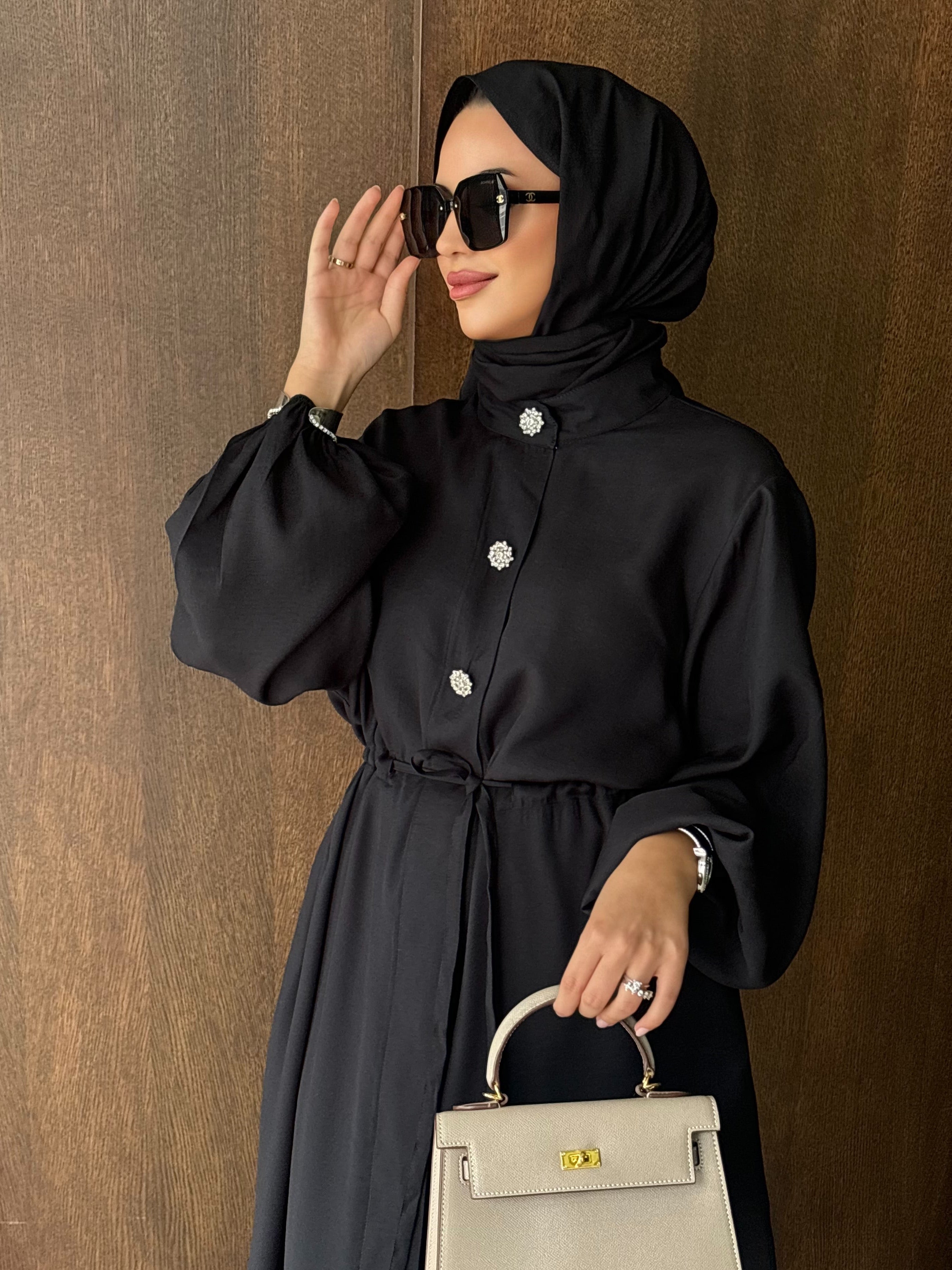 Kristal düğmeli  tunik & pantolon takım siyah