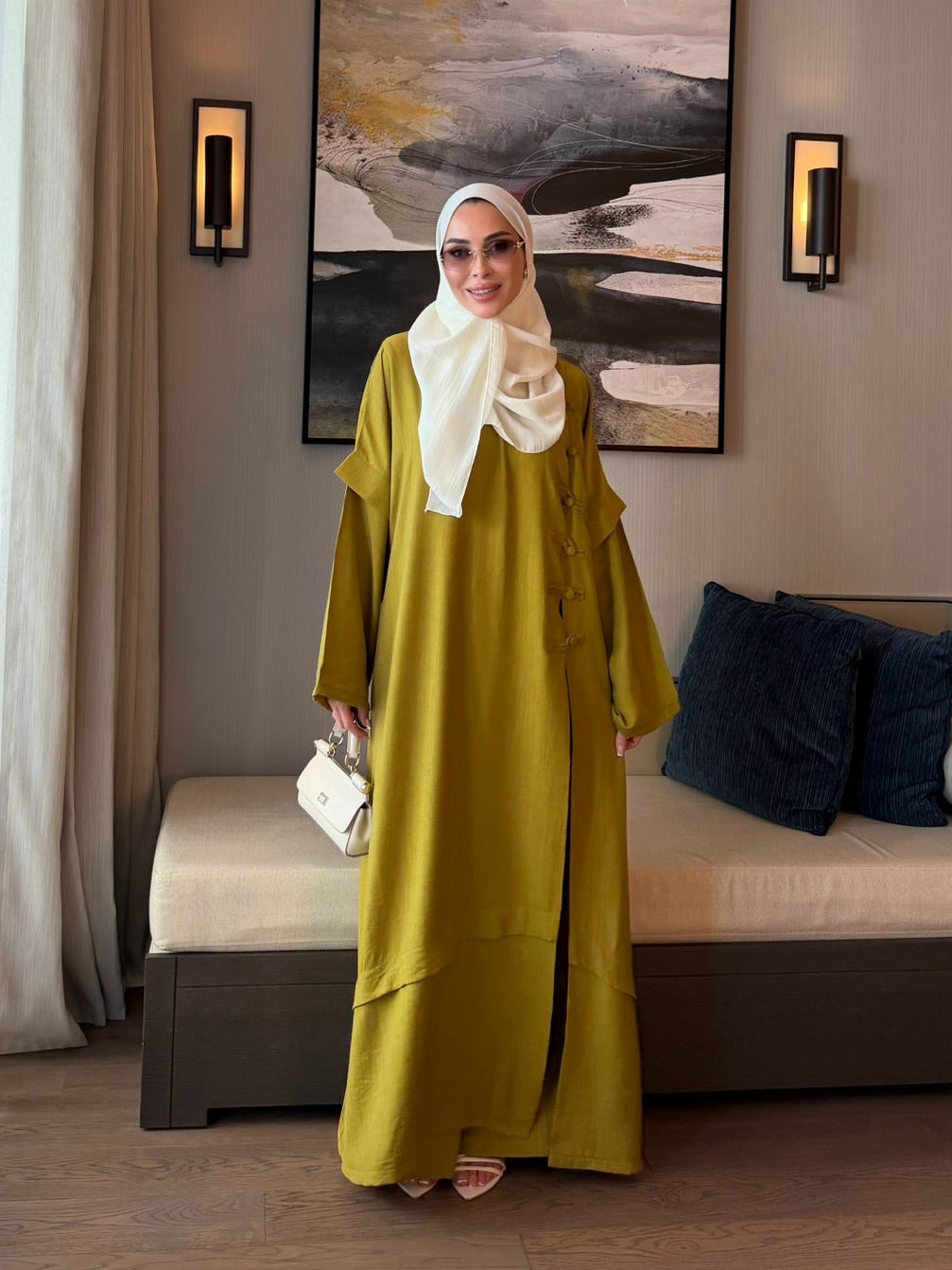 Ahsen abaya & pantolon ikili takım yağ yeşili