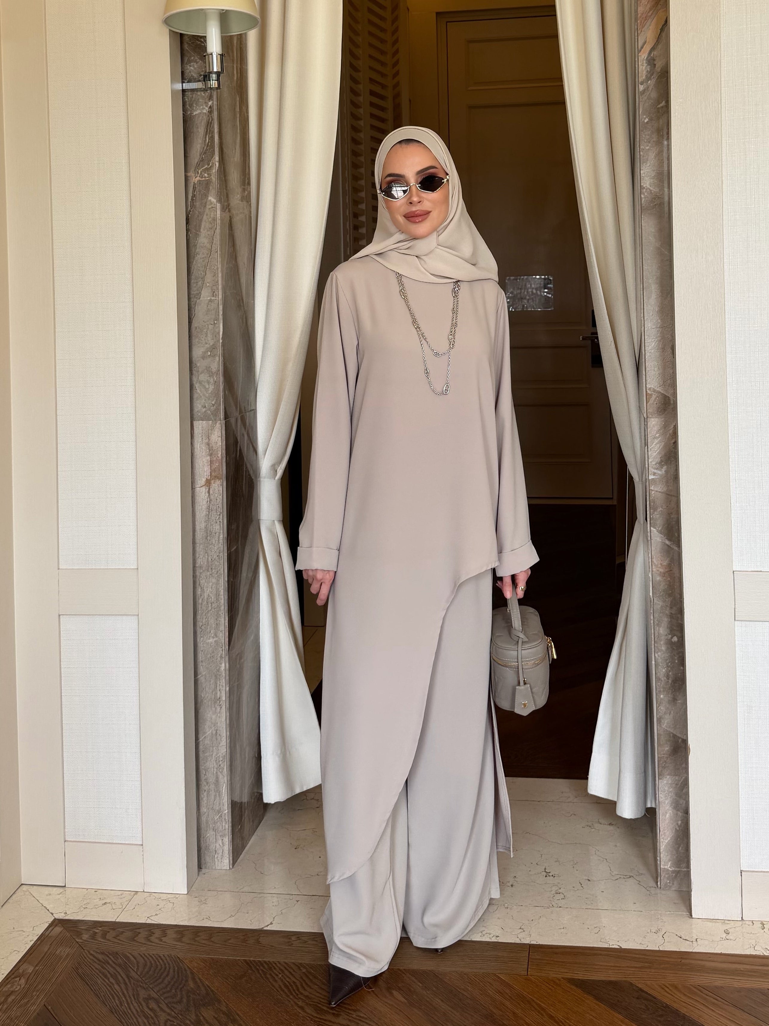 Aura asimetrik kesim tunik & pantolon taş rengi