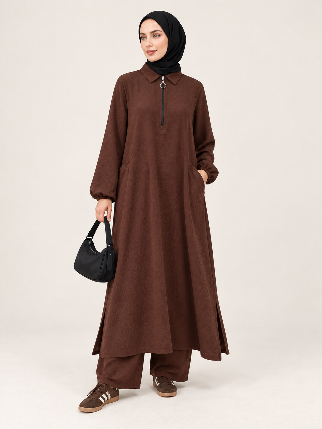 Soft fermuarlı tunik & pantolon takım Kahverengi
