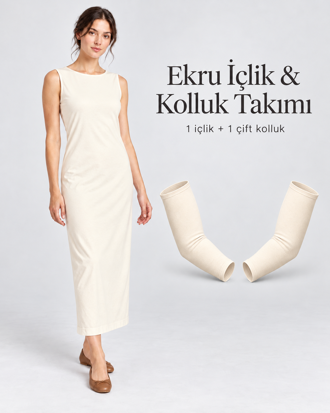 İkili İçlik Takımı %100 Pamuk Uzun  Kolsuz Astar  + Kolluk  ekru