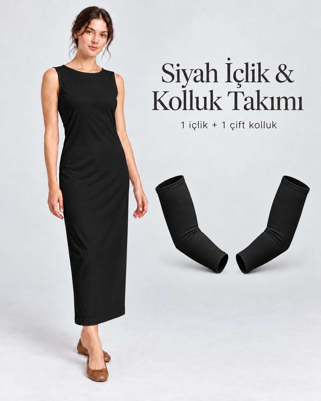 İkili İçlik Takımı %100 Pamuk Uzun Kolsuz Astar  + Kolluk siyah