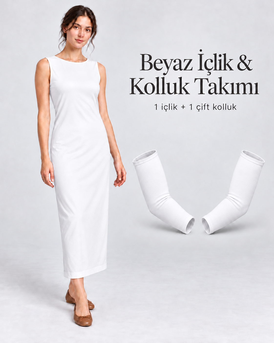 İkili İçlik Takımı %100 Pamuk  Uzun Kolsuz Astar + Kolluk  beyaz