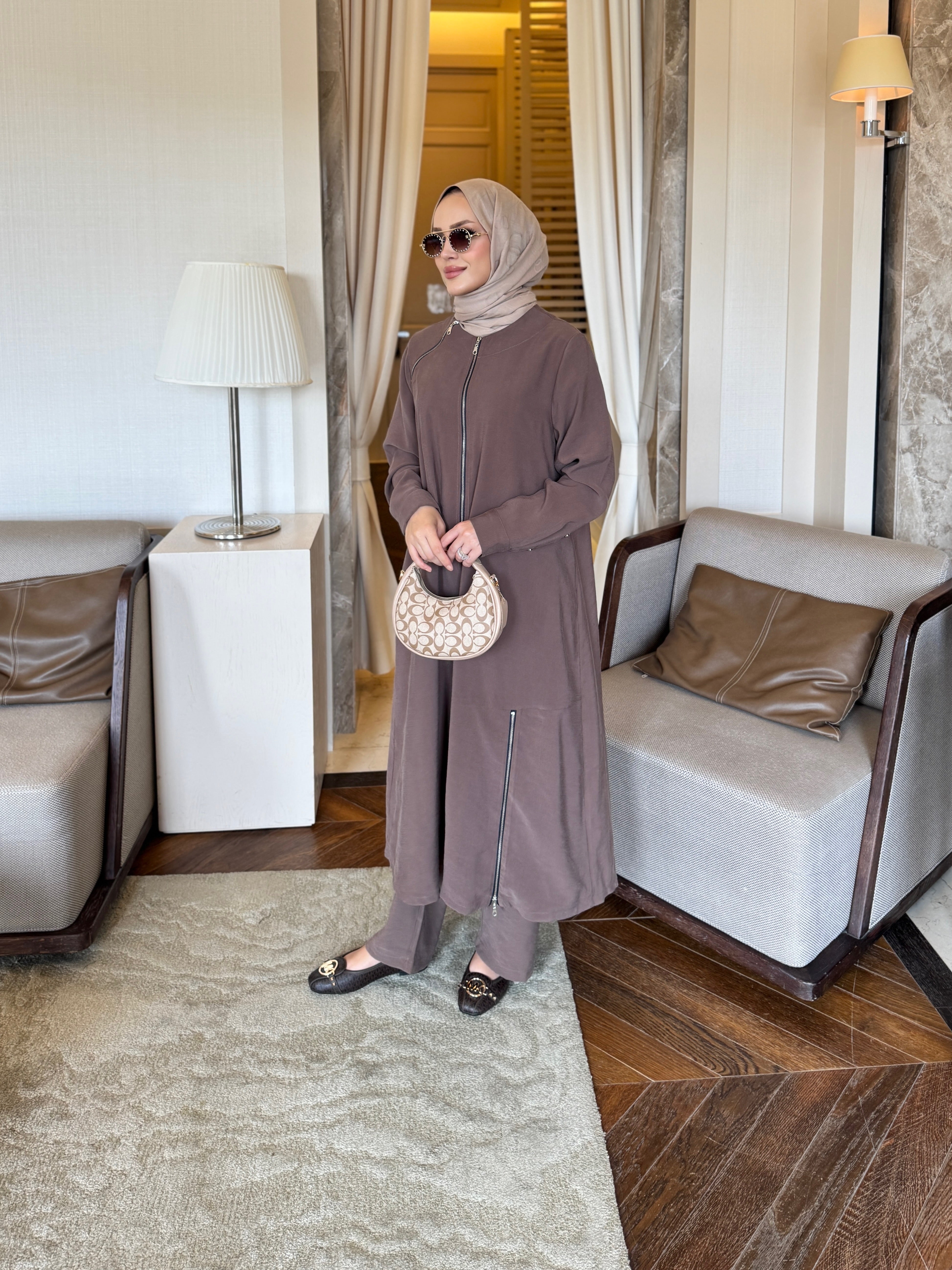 Tensora tunik & pantolon takım kahve