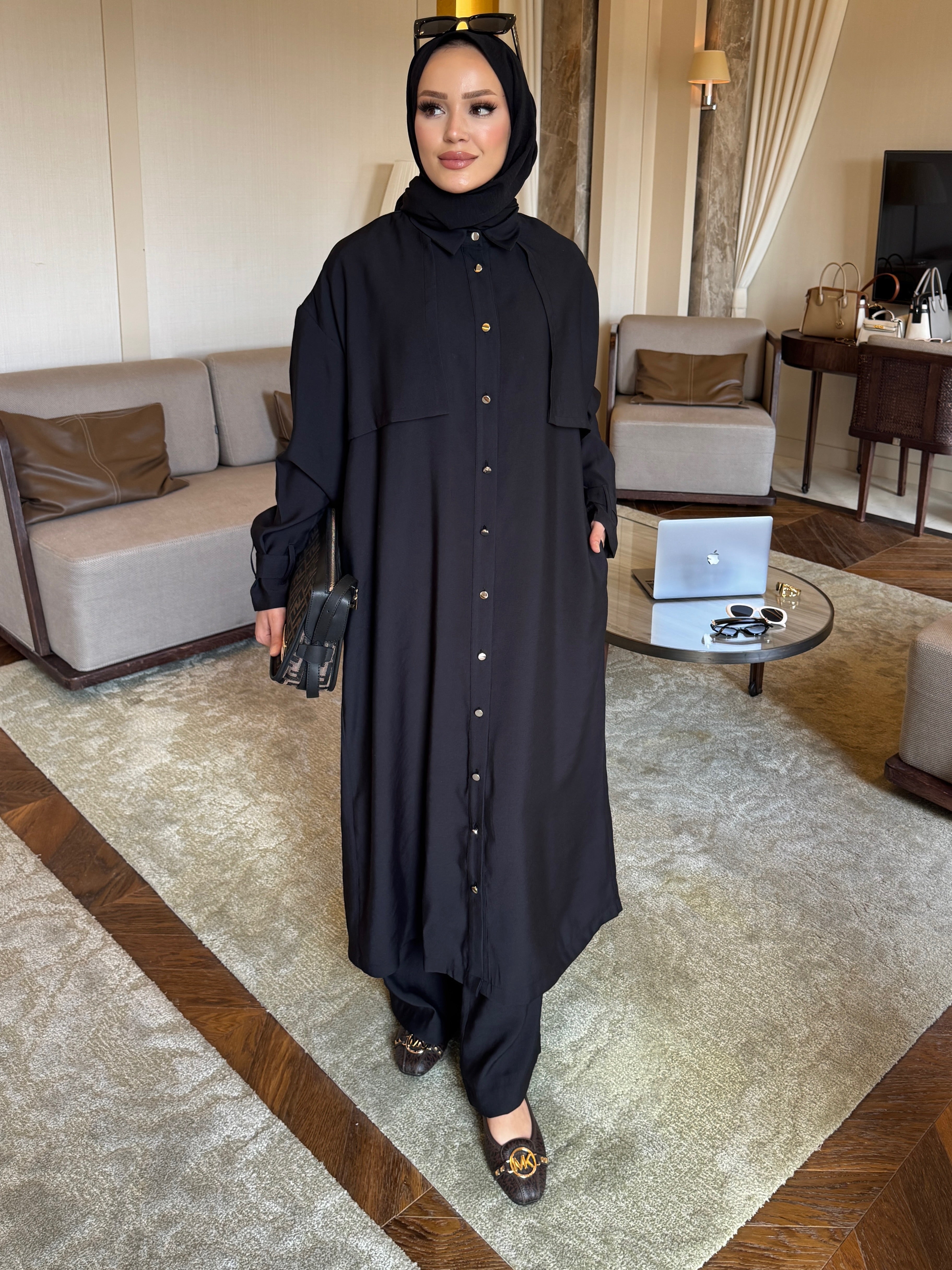 Diva trençkot pantolon takım siyah