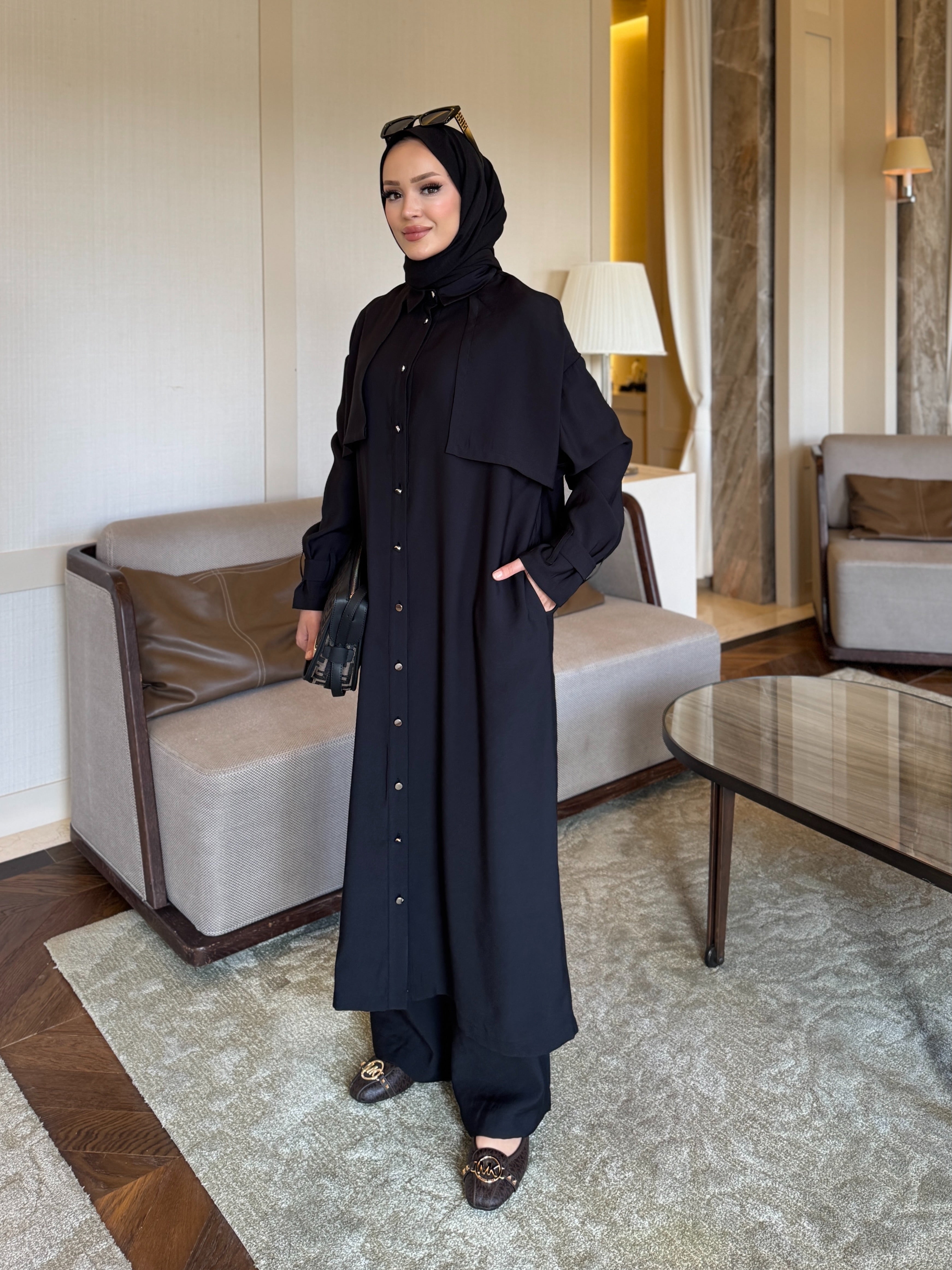 Diva trençkot pantolon takım siyah