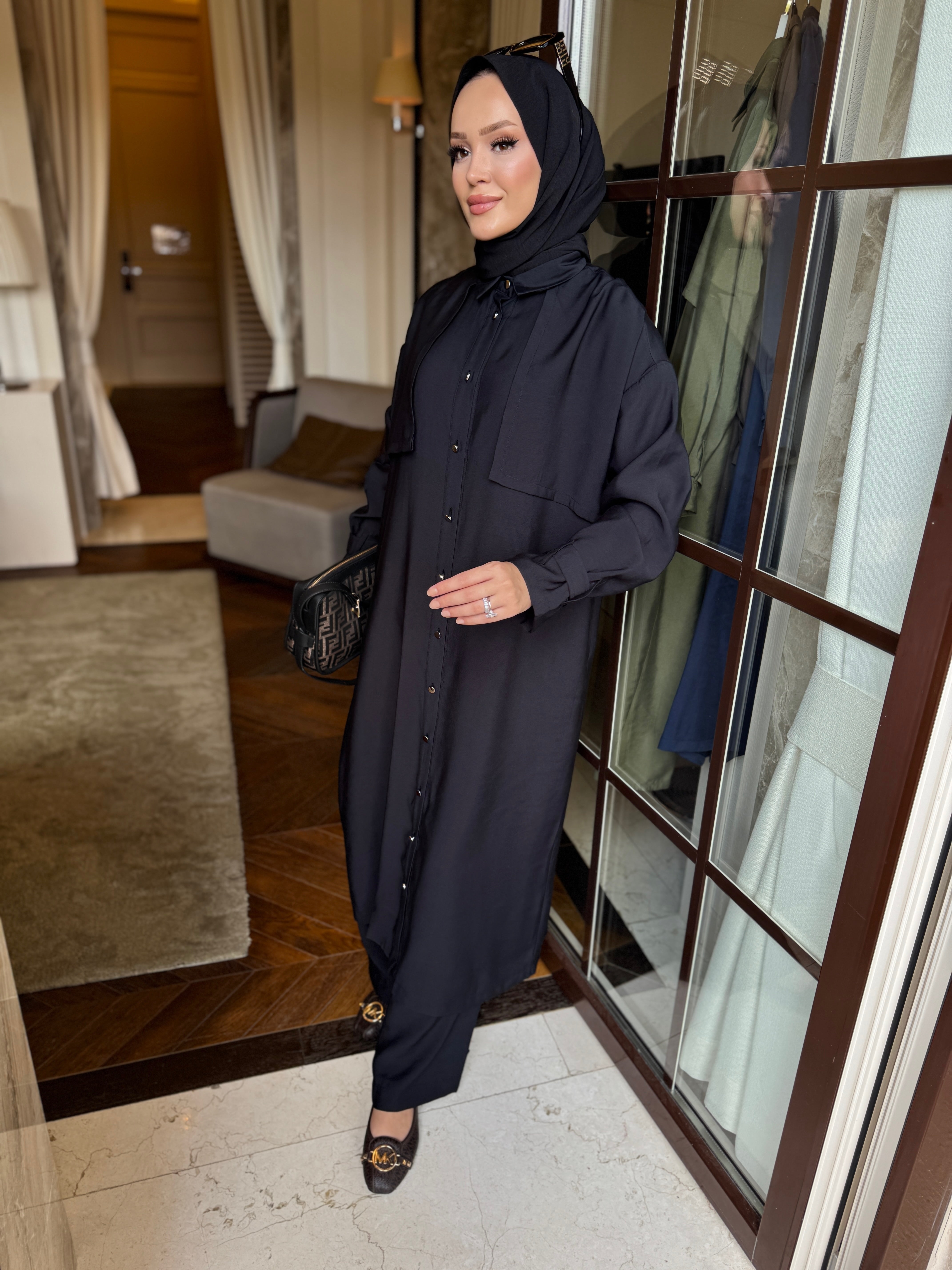 Diva trençkot pantolon takım siyah