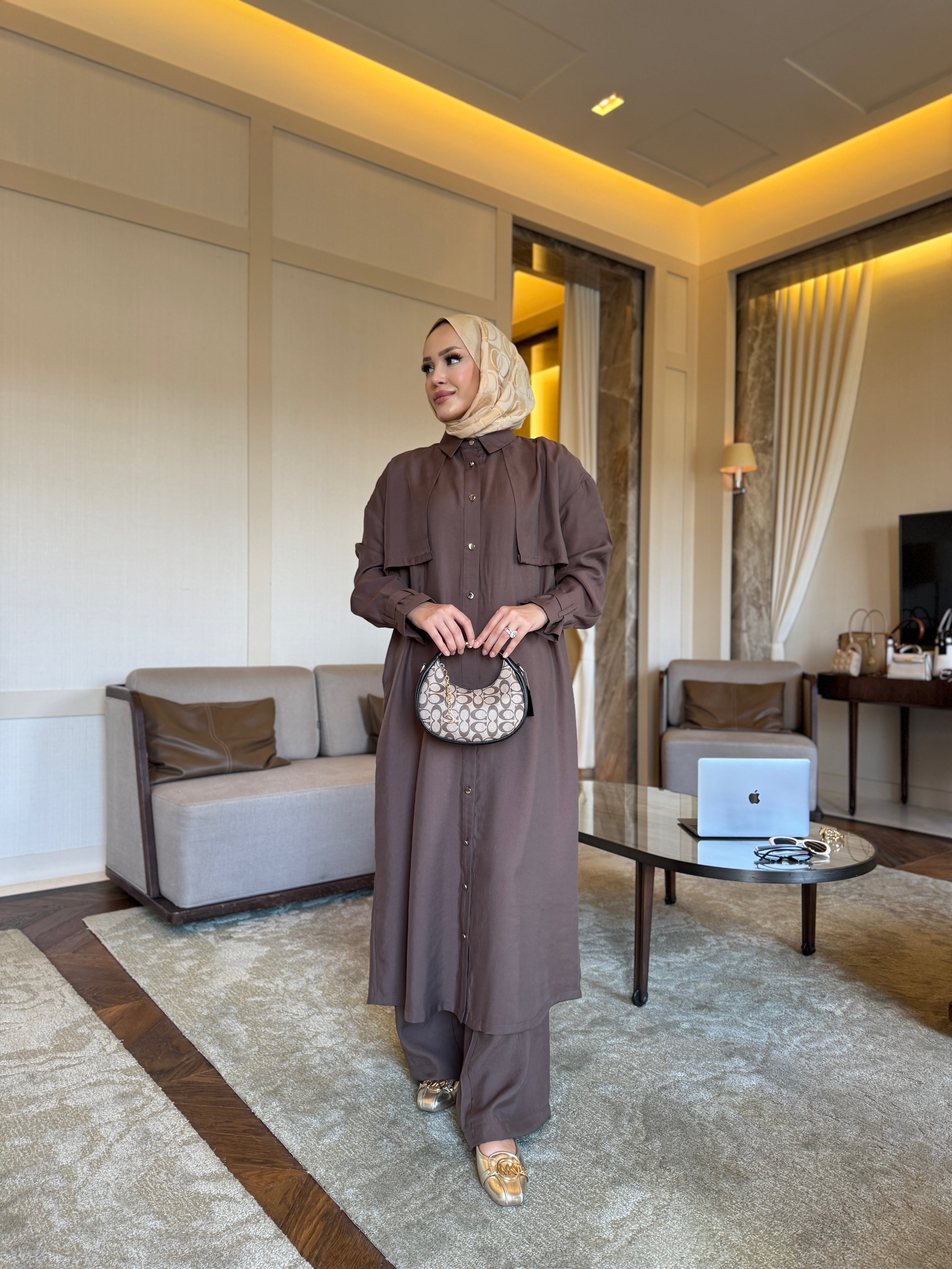Diva trençkot pantolon takım kahverengi