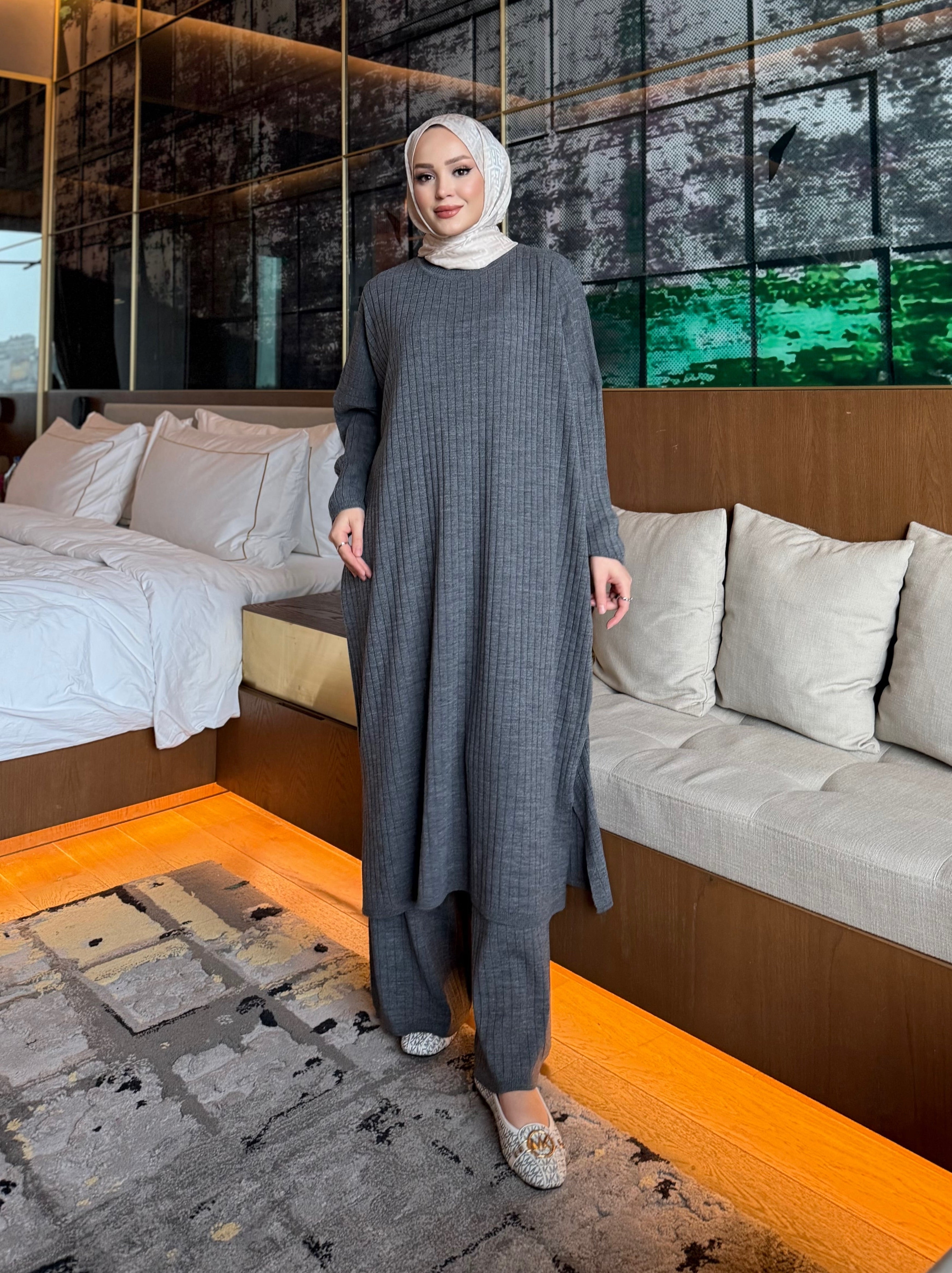 Çizgili triko tunik & pantolon gri