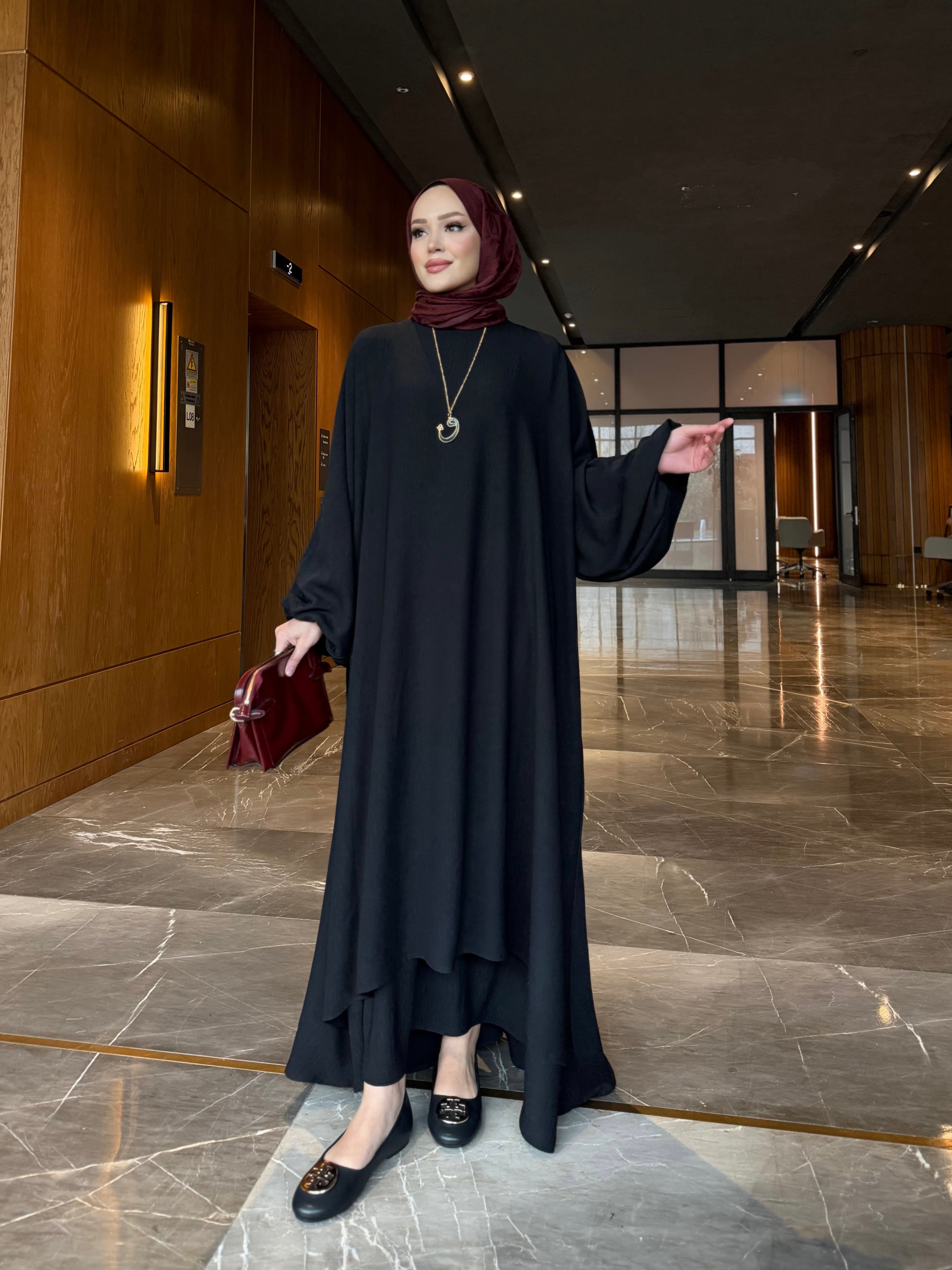 Nur çift katlı  elbise & şal  siyah