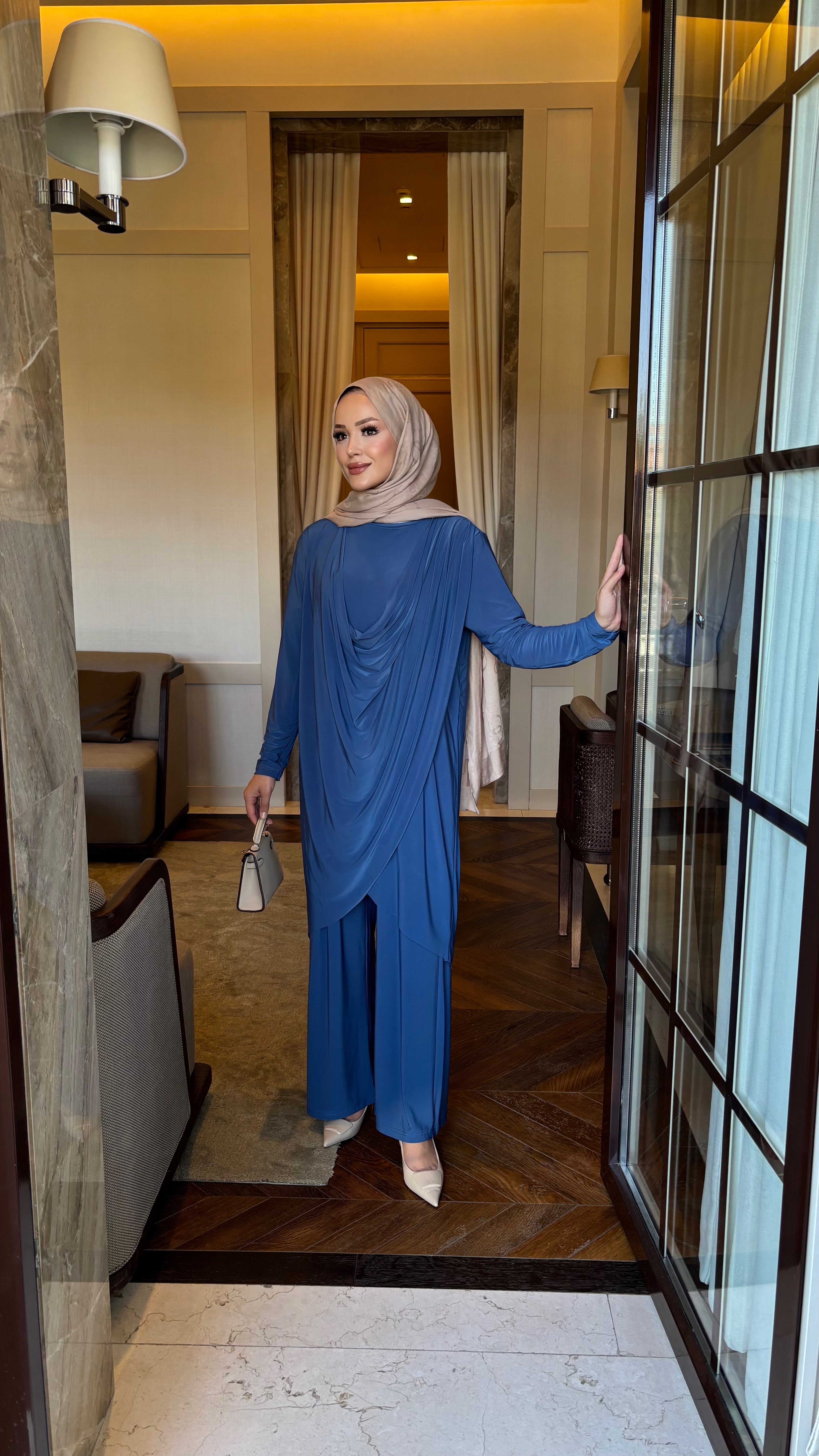 Luar drape detay tunik & pantolon takım indigo mavi