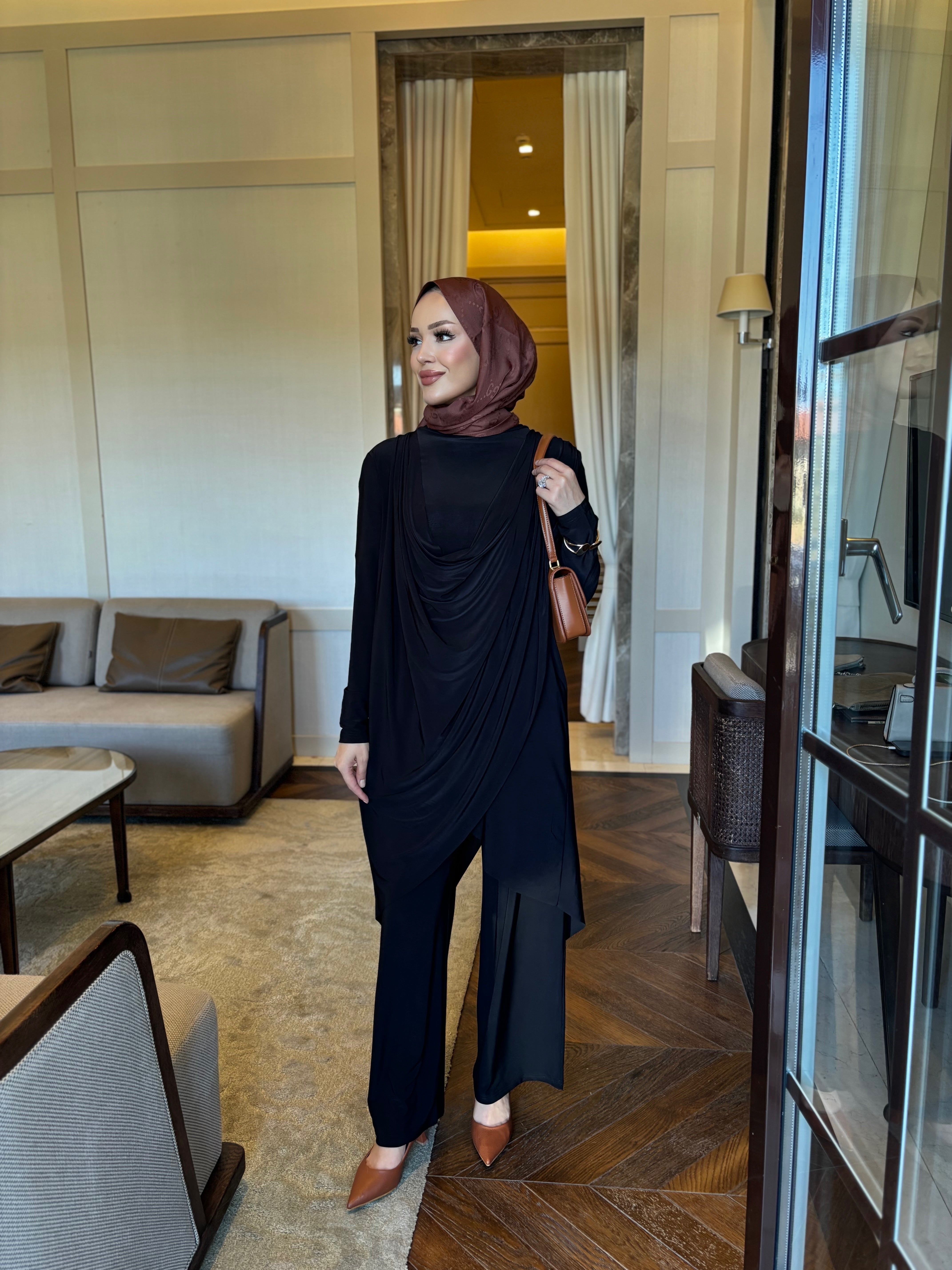 Luar drape detay tunik & pantolon takım siyah