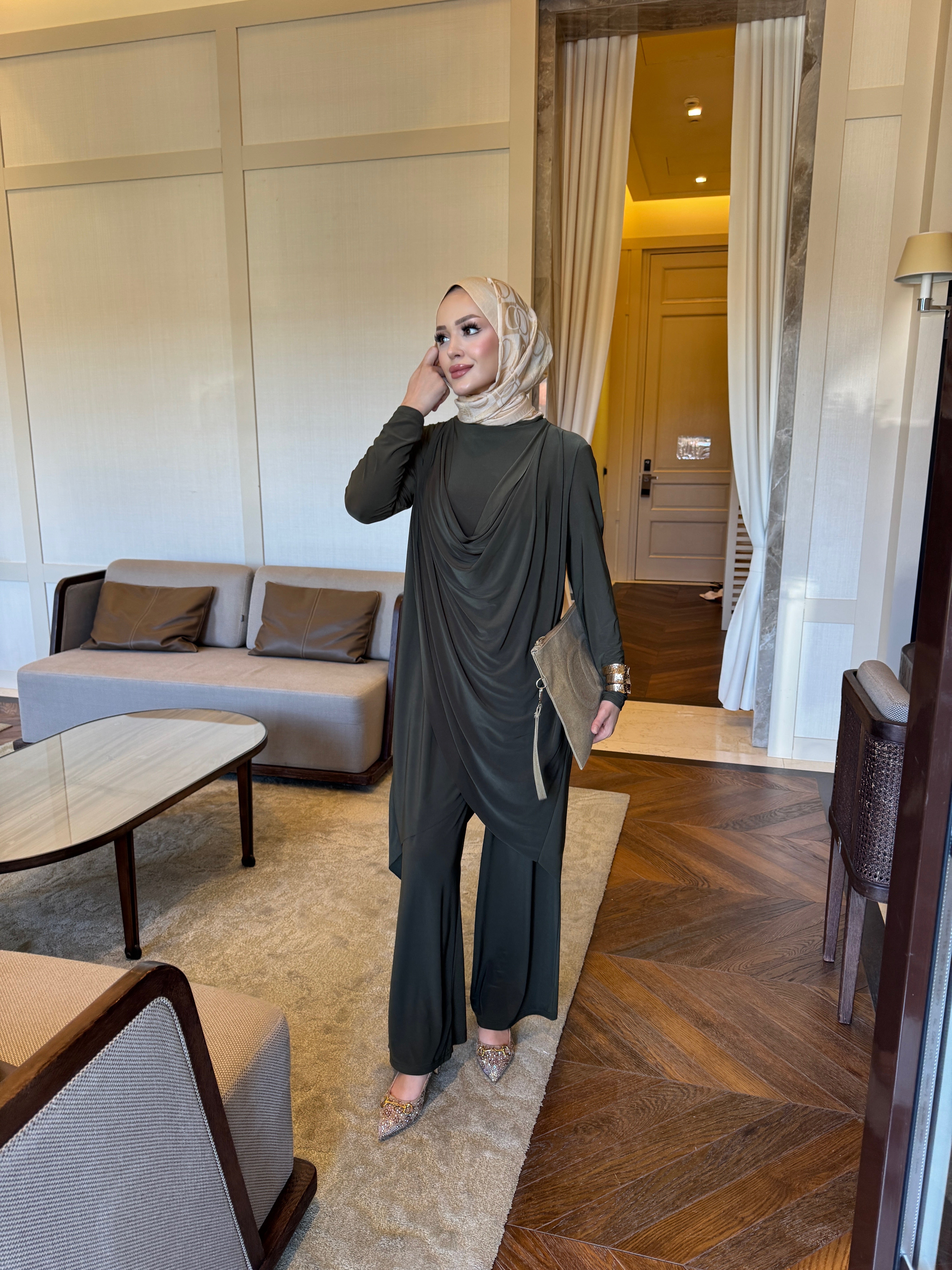 Luar drape detay tunik & pantolon takım haki yeşil