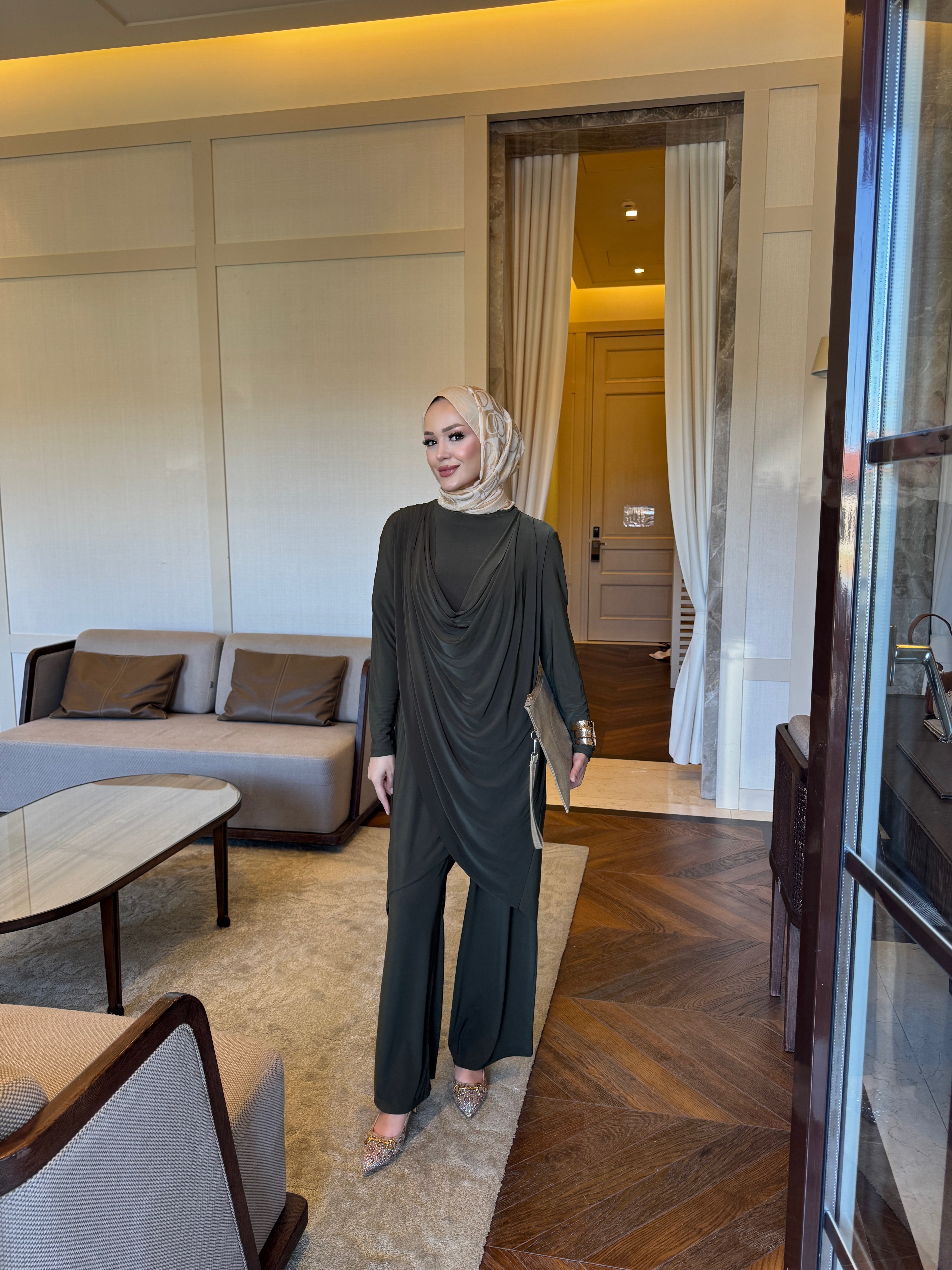 Luar drape detay tunik & pantolon takım haki yeşil