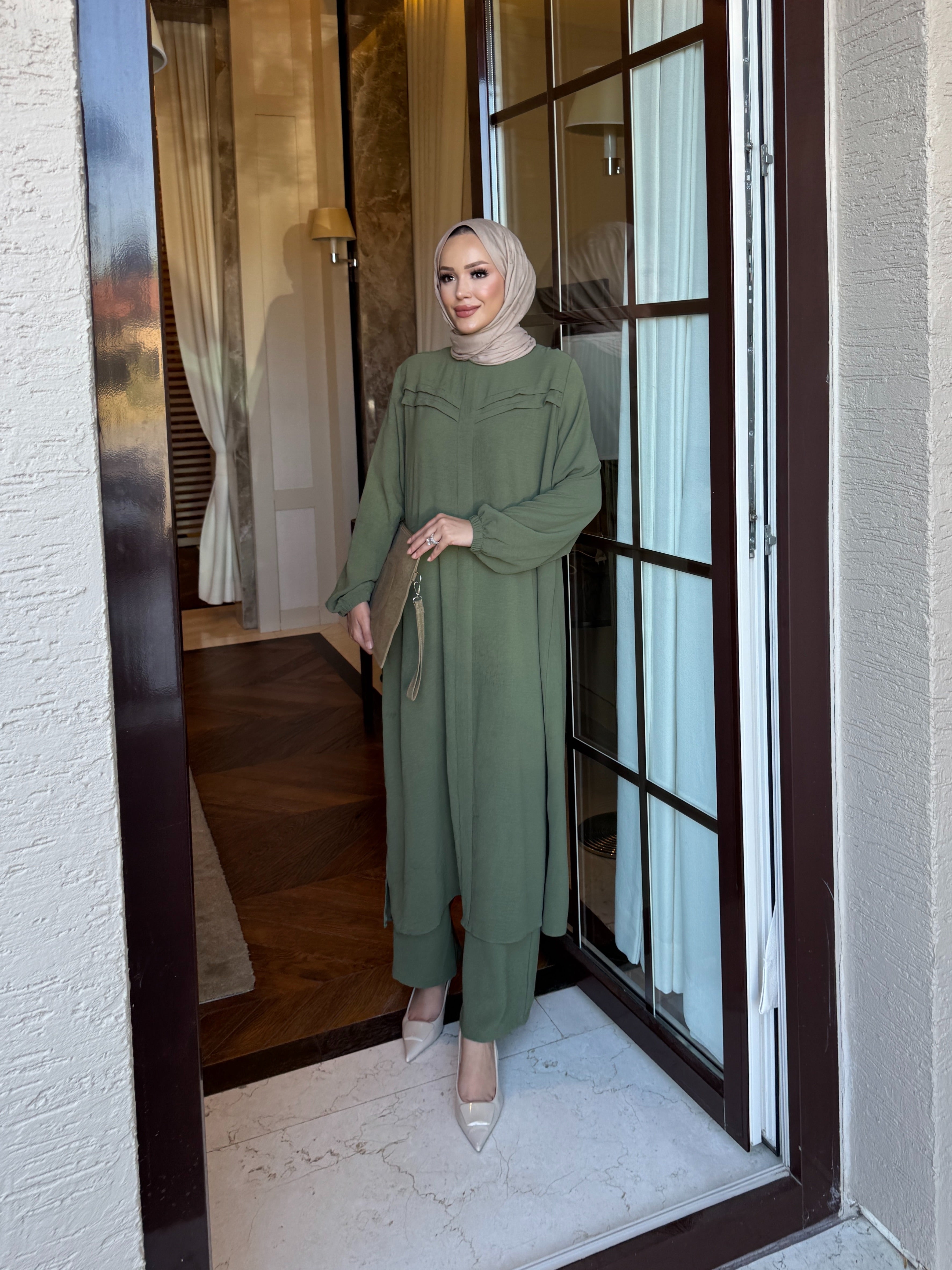 Alya şerit detay tunik & pantolon takım mint yeşili