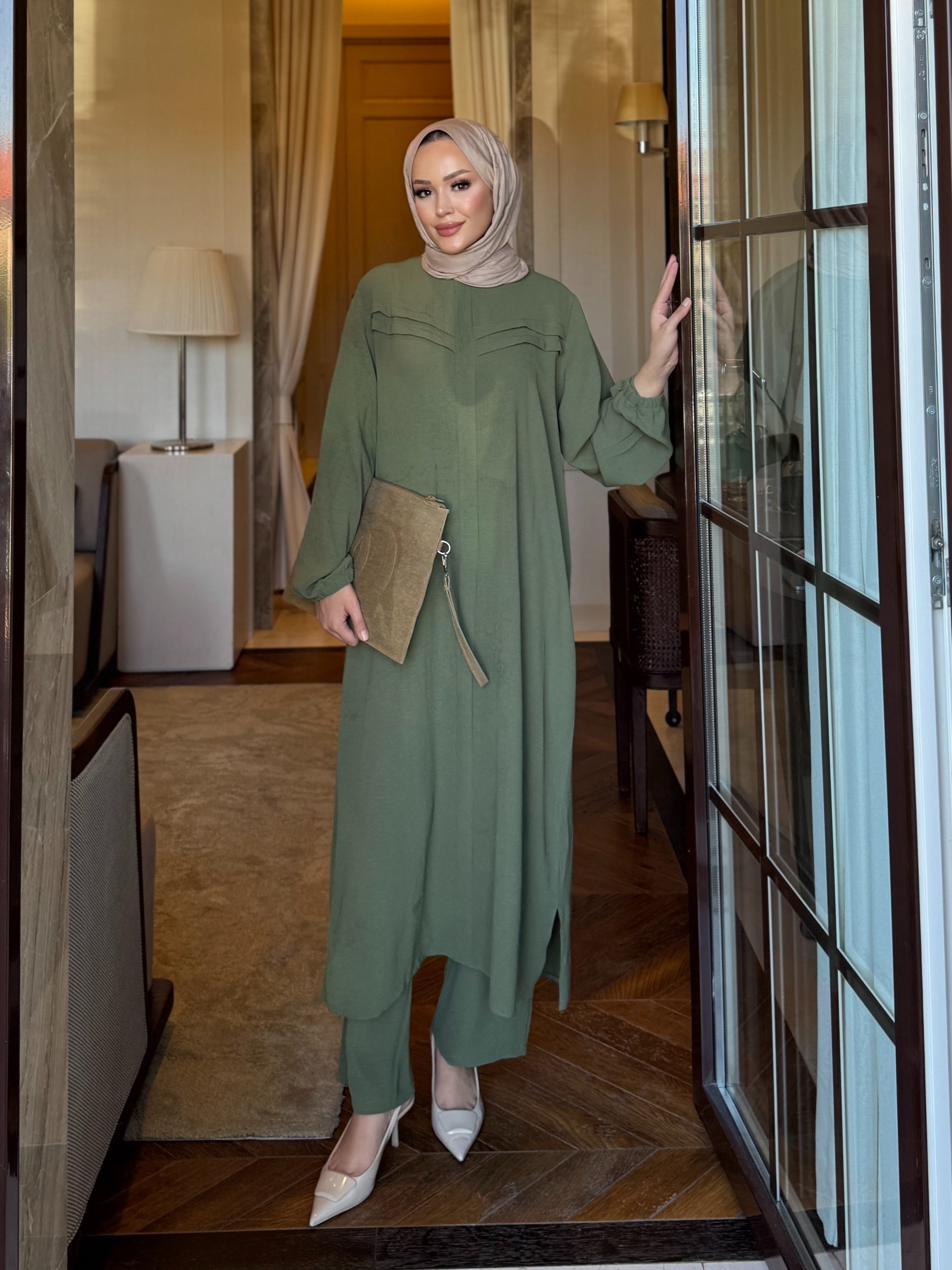 Alya şerit detay tunik & pantolon takım mint yeşili