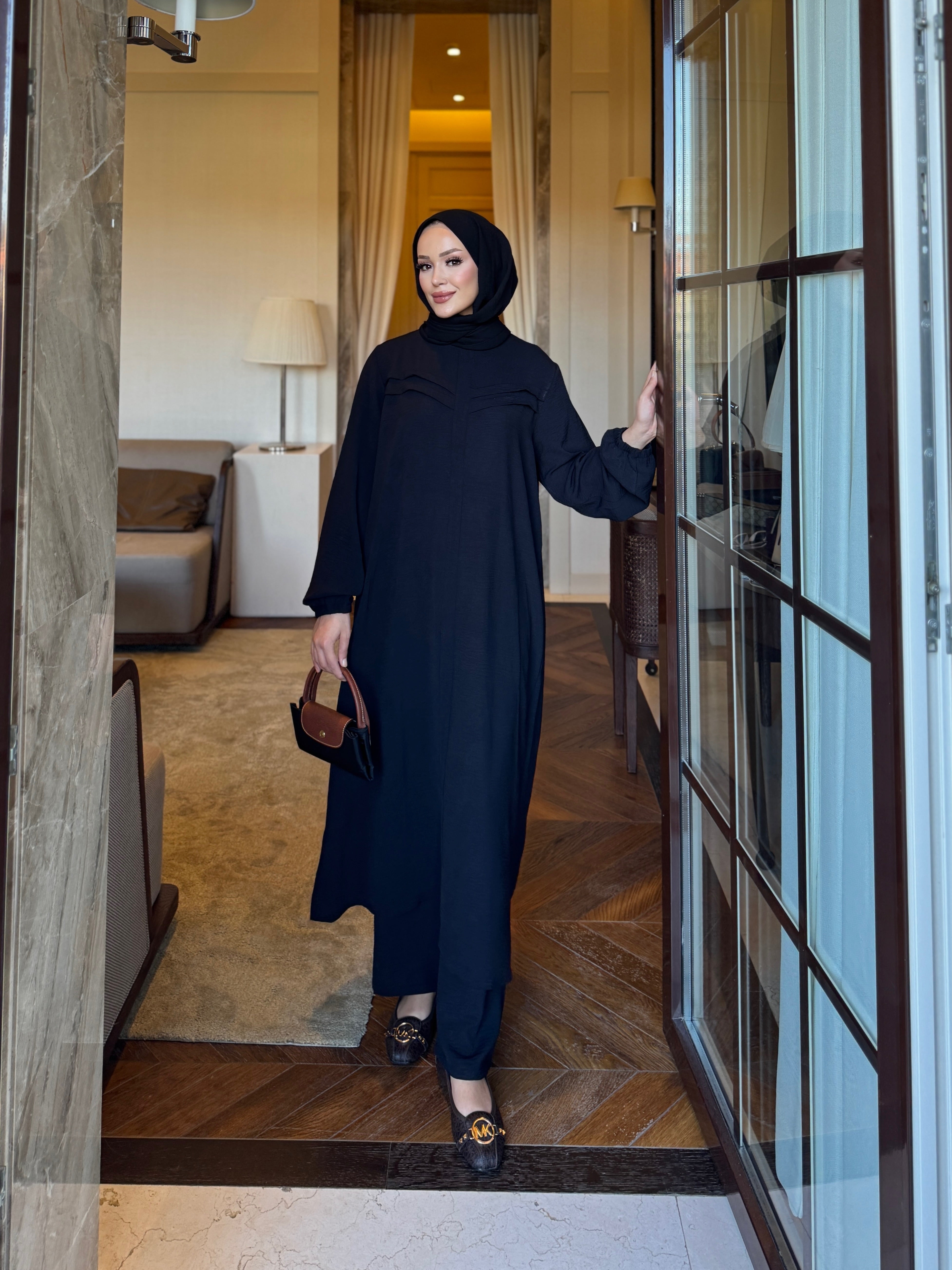 Alya şerit detay tunik & pantolon takım siyah