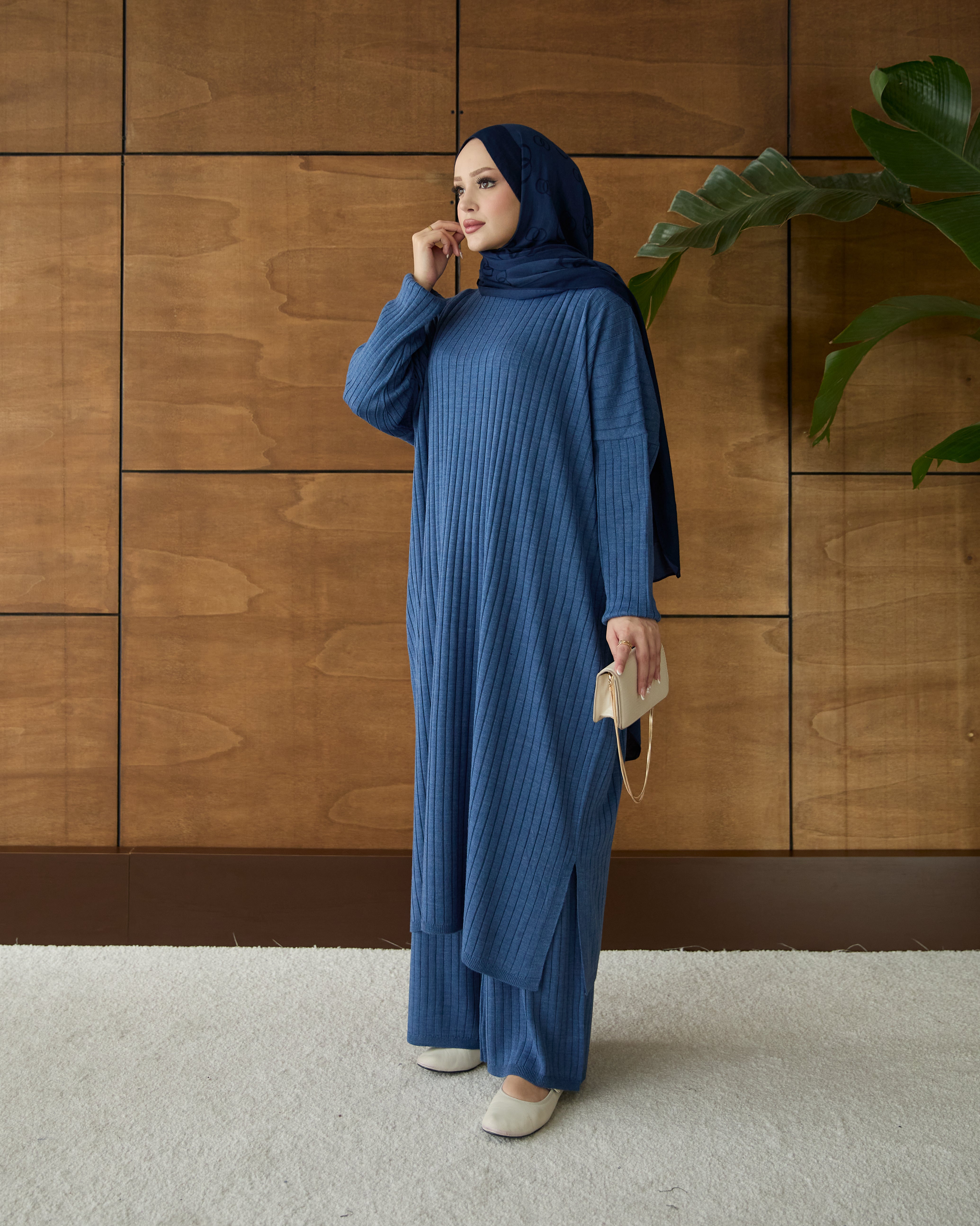 Çizgili triko tunik & pantolon indigo mavi