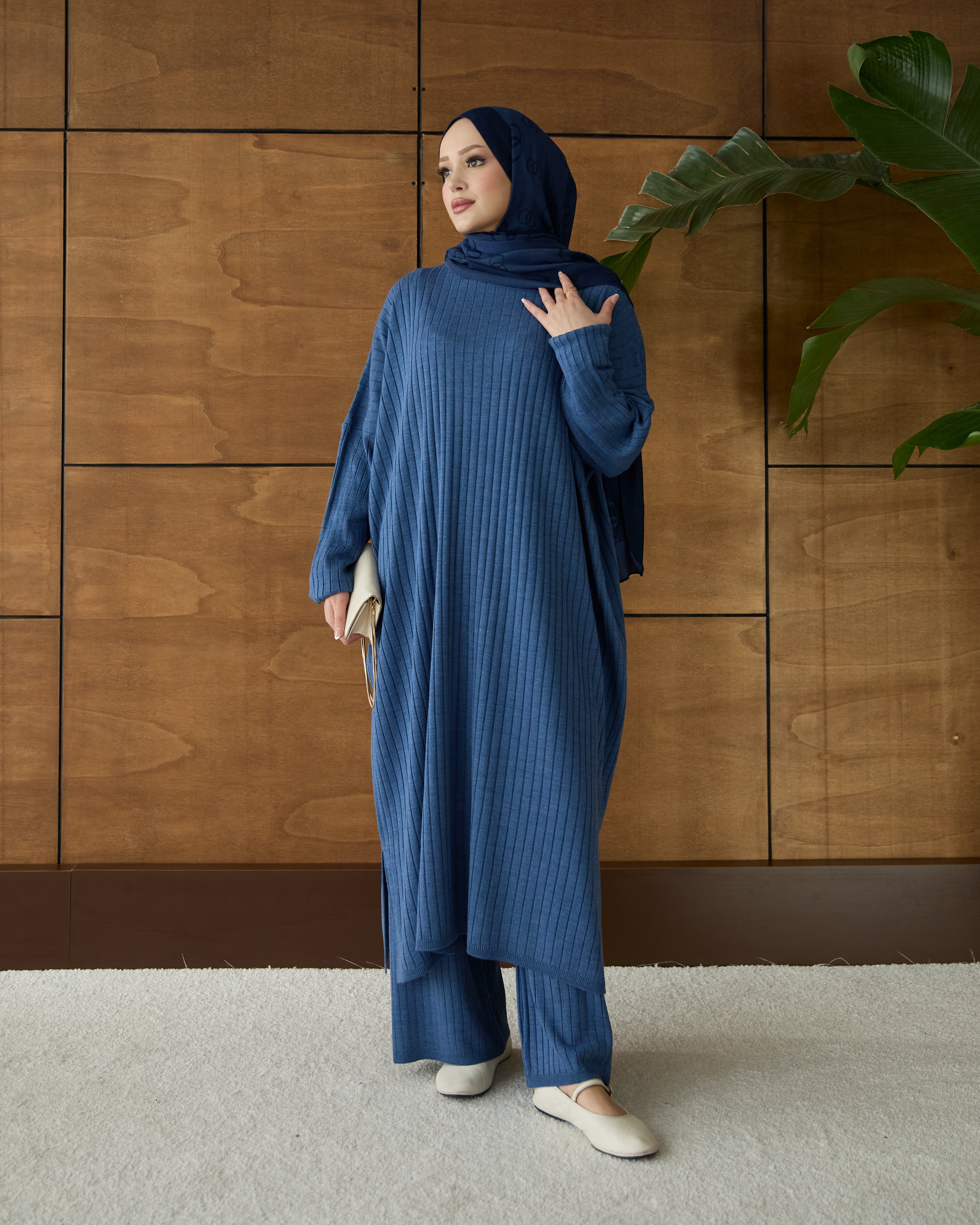 Çizgili triko tunik & pantolon indigo mavi