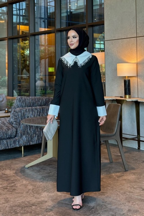 İnci detay elbise siyah