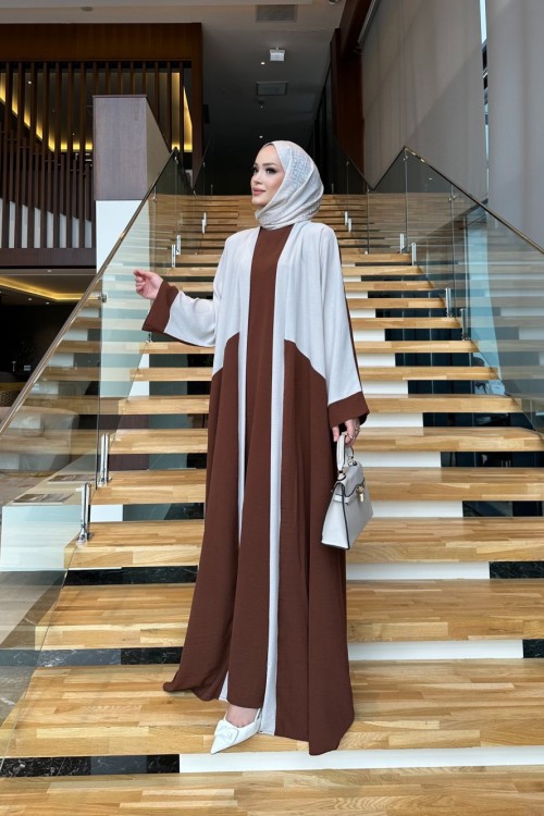 Ahel Abaya  Elbise Takım Kahve