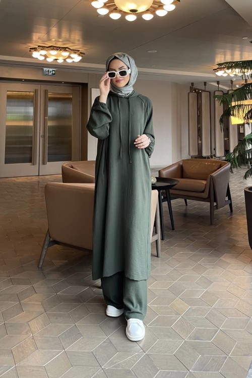 Delina Kapüşonlu ikili takım haki yeşil