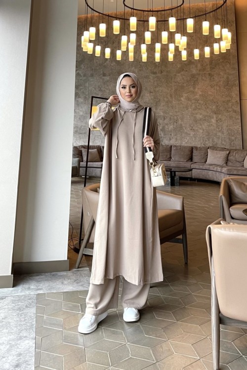 Delina Kapüşonlu ikili takım krem