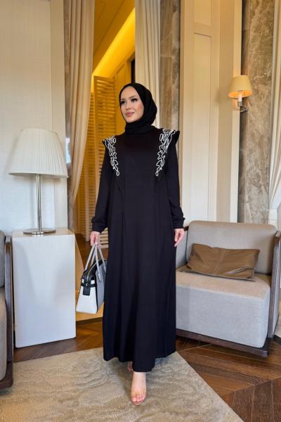 Nakış detay elbise siyah